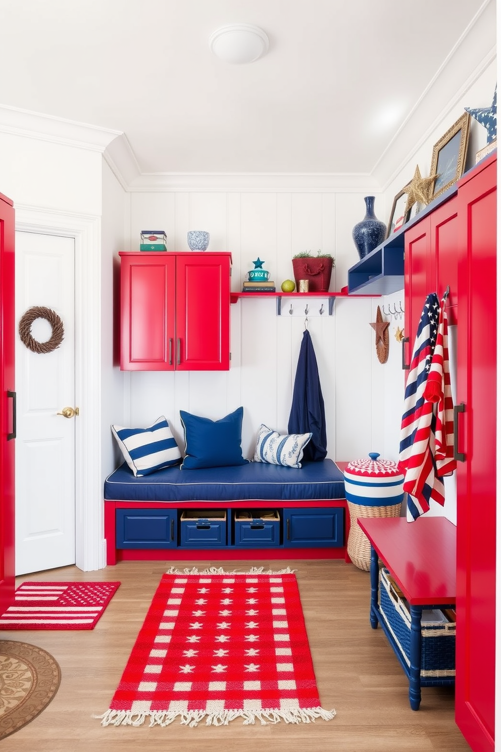 A vibrant mudroom decorated in a red, white, and blue color scheme. The walls are painted in a crisp white, while the cabinetry features a bold red finish, accented with navy blue accessories. A large storage bench with blue cushions sits against one wall, surrounded by patriotic-themed decor. Red and white striped rugs add a festive touch to the floor, creating a welcoming atmosphere for guests.