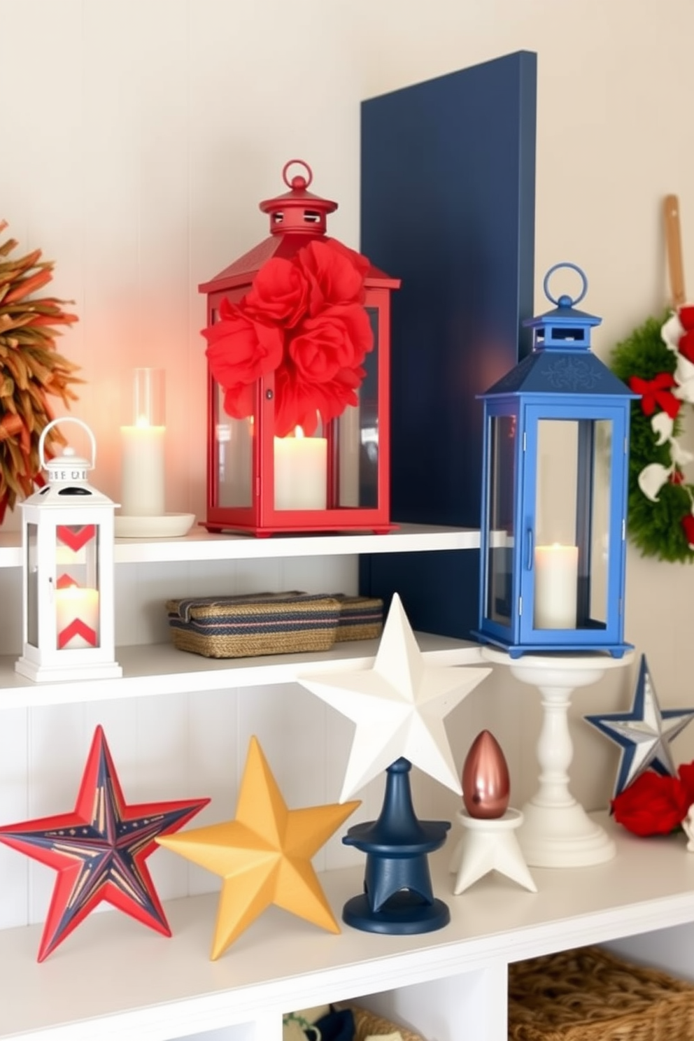 Decorative lanterns with red accents create a warm and inviting atmosphere. The lanterns are strategically placed on shelves and tables, casting a soft glow throughout the space. Independence Day mudroom decorating ideas feature a patriotic color scheme with red, white, and blue decor. Incorporate star-shaped accents and seasonal wreaths to enhance the festive spirit.