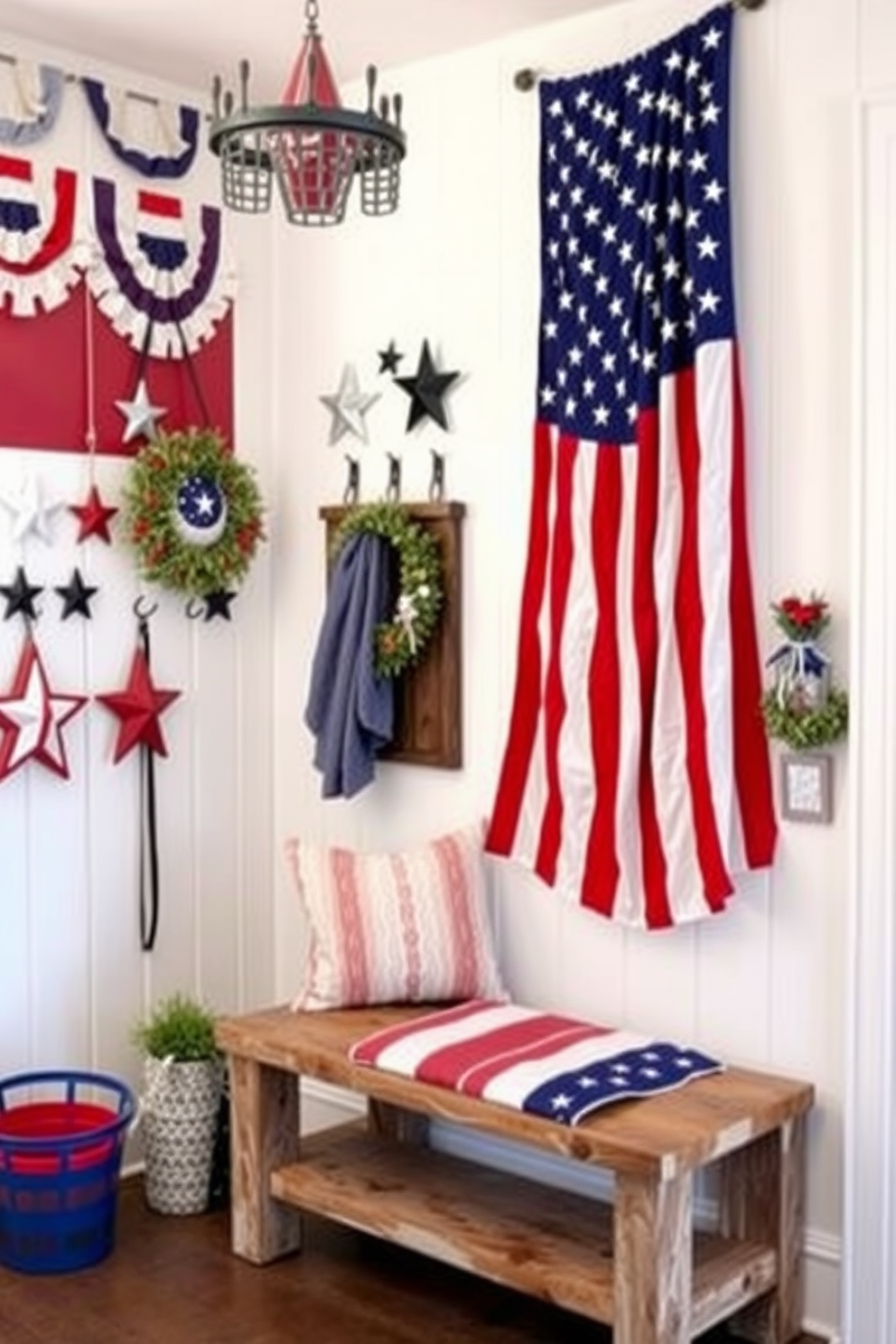 A festive mudroom decorated for the Fourth of July. There are red, white, and blue accents throughout, including themed hooks shaped like stars and stripes. The walls are adorned with patriotic banners and a large American flag hangs prominently. A rustic bench with a cushion in a flag pattern sits against the wall, providing a welcoming touch.