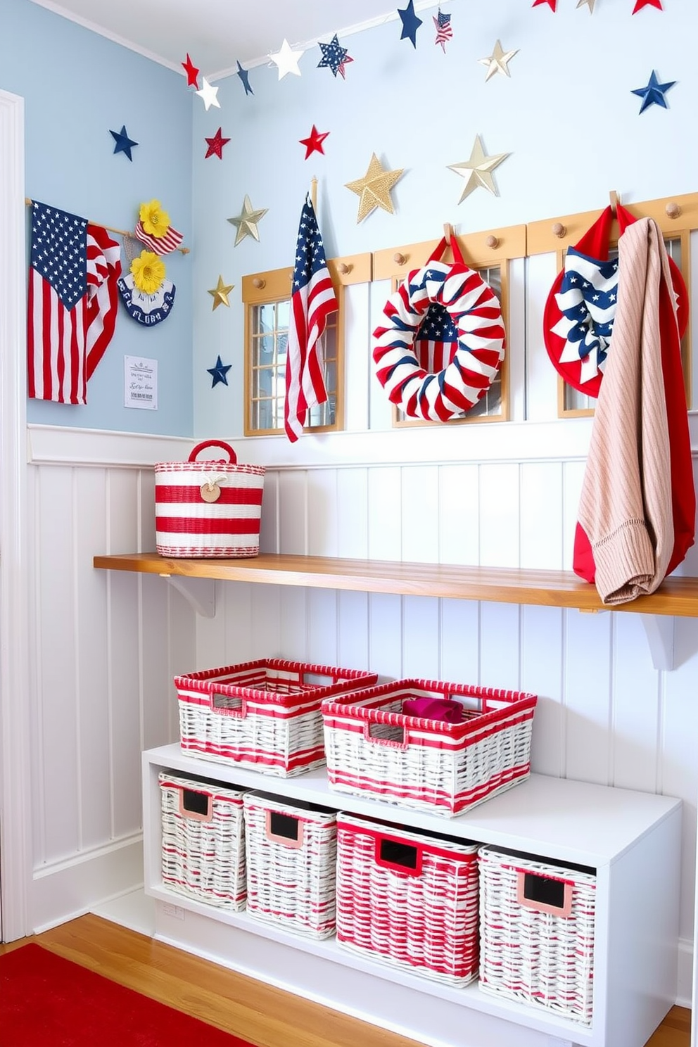 A vibrant mudroom featuring red and white striped storage baskets neatly arranged on a wooden shelf. The walls are adorned with patriotic decor, including flags and stars, creating a festive atmosphere for Independence Day.