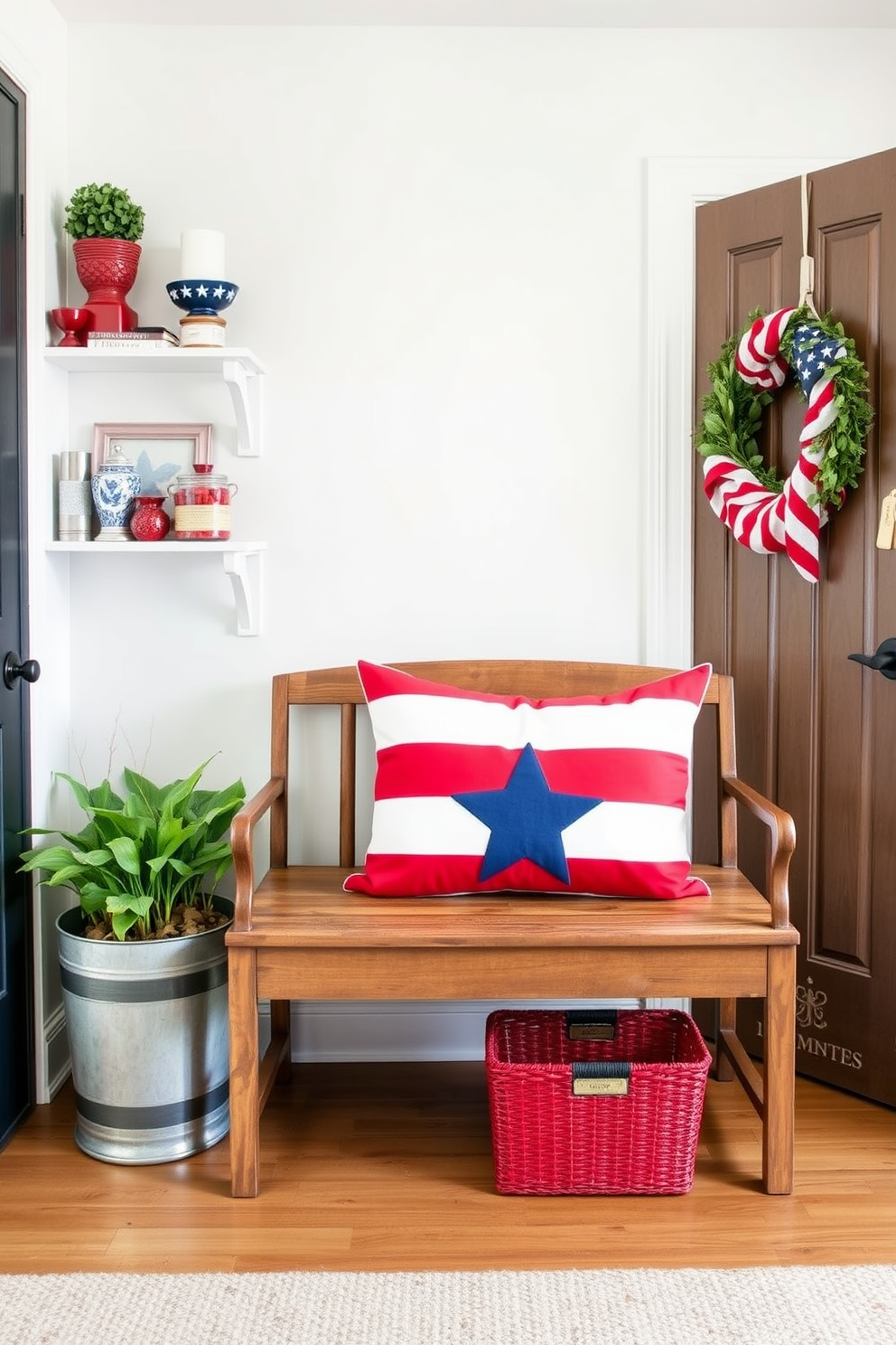 A stars and stripes themed bench cushion is placed on a rustic wooden bench in the entryway. The cushion features a bold red and white striped pattern with a blue star accent in the center. The mudroom is decorated with festive Independence Day elements. Red, white, and blue accessories are arranged on shelves, while a patriotic wreath hangs on the door.