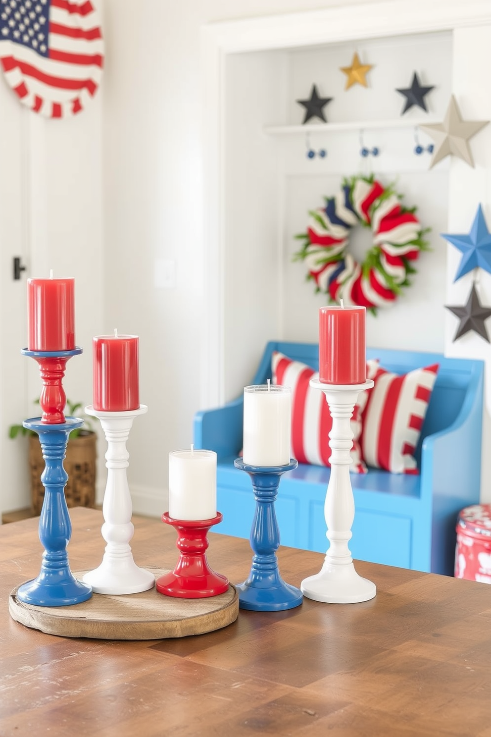 Candle holders in red white and blue are arranged on a rustic wooden table. Each holder varies in height and design creating a festive atmosphere for Independence Day celebrations. The mudroom features a bright blue bench with red and white striped cushions. Patriotic decorations such as a flag-themed wreath and star-shaped accents adorn the walls, enhancing the holiday spirit.