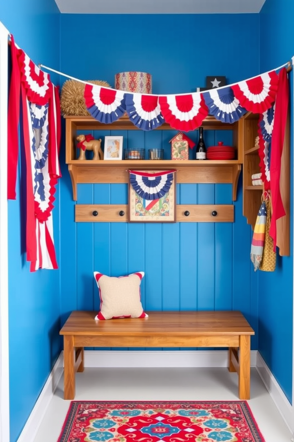 A vibrant mudroom adorned with colorful banners draped from wooden shelves creates a festive atmosphere. The walls are painted in a bright blue hue, and the floor is covered with a cheerful patterned rug. On the shelves, red, white, and blue decorations complement the Independence Day theme. A cozy bench sits beneath the shelves, inviting family and friends to gather and celebrate.