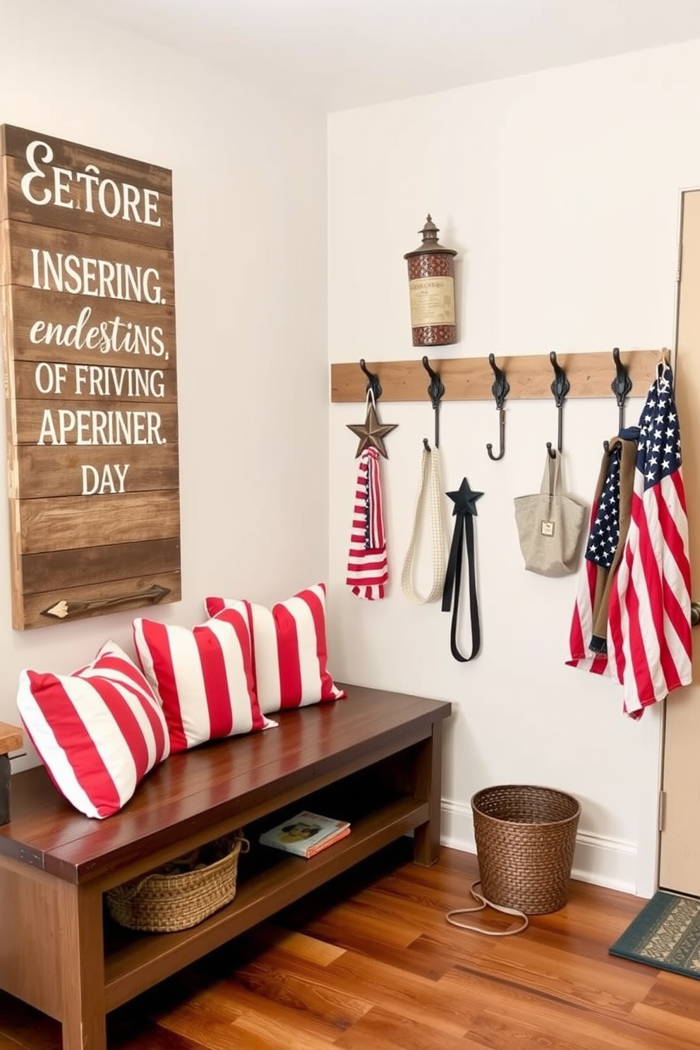 Rustic wooden sign featuring an inspiring Independence Day quote. The sign is crafted from reclaimed wood, showcasing a distressed finish with white lettering that evokes a sense of patriotism. A warm and inviting mudroom decorated for Independence Day. The space includes a bench with red and white striped cushions, alongside a collection of vintage-style hooks adorned with stars and stripes for hanging bags and jackets.