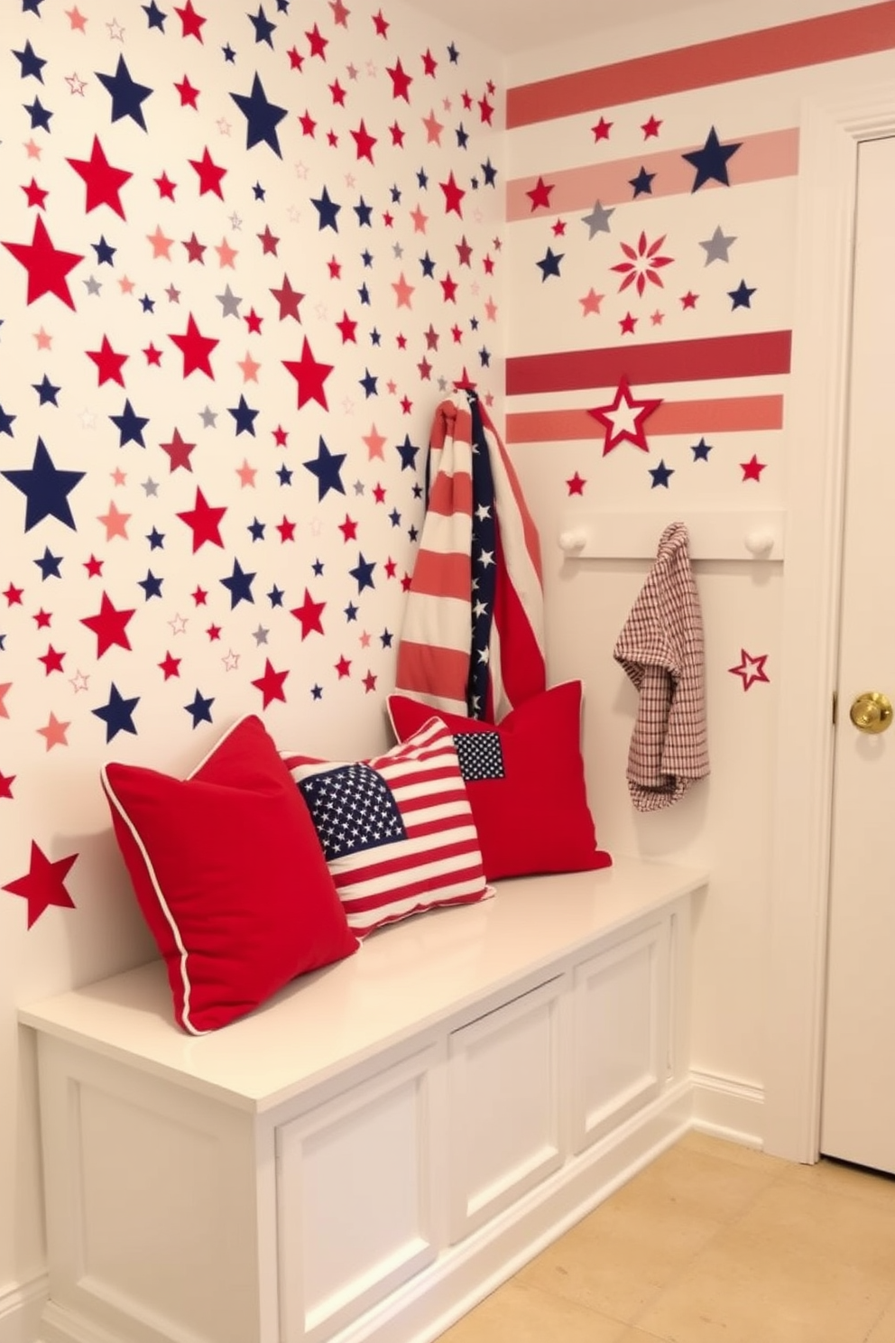 A vibrant mudroom adorned with patriotic themed wall decals. The walls feature an array of stars and stripes in red, white, and blue, creating a festive atmosphere for Independence Day. The space includes a functional bench with storage underneath, painted in a crisp white finish. Colorful cushions with flag motifs are placed on the bench for added comfort and style.