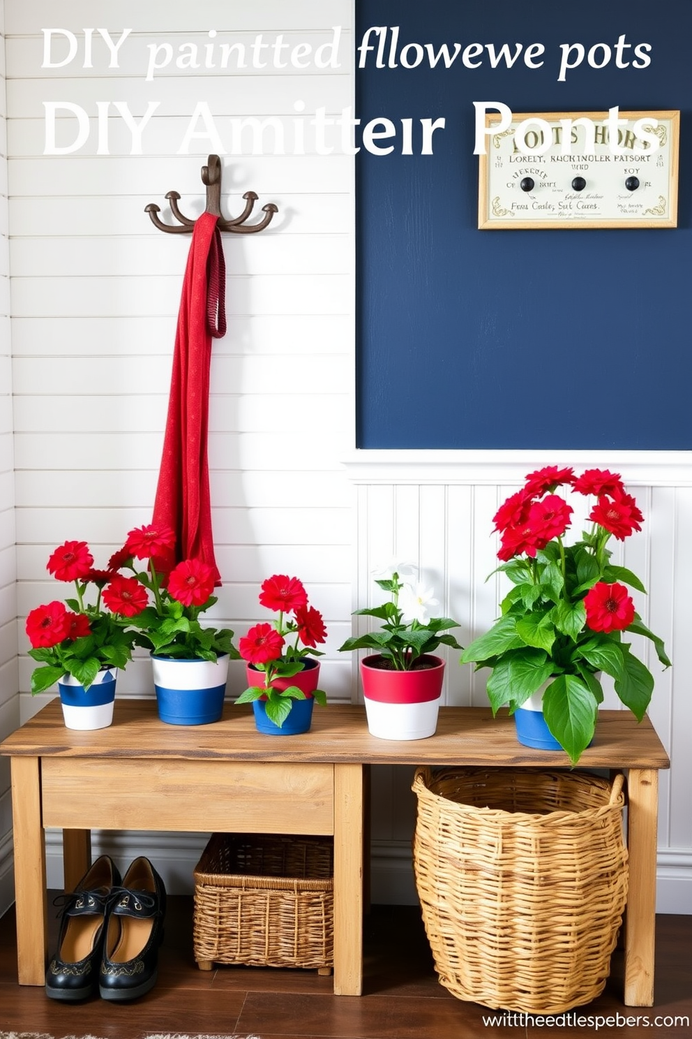 A charming mudroom featuring DIY painted flower pots in red, white, and blue. The flower pots are arranged on a rustic wooden bench, adding a festive touch to the space. The walls are adorned with shiplap in a soft white hue, complemented by a navy blue accent wall. A vintage coat rack hangs on one side, while a woven basket sits on the floor for storing shoes and outdoor gear.