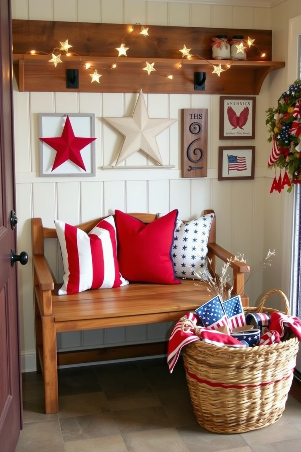 A cozy mudroom decorated for Independence Day features a rustic wooden bench adorned with red, white, and blue throw pillows. Star shaped fairy lights hang above the bench, creating a warm and inviting ambiance. The walls are painted in a soft cream color, with patriotic-themed artwork displayed throughout the space. A woven basket filled with seasonal decor sits next to the door, completing the festive look.