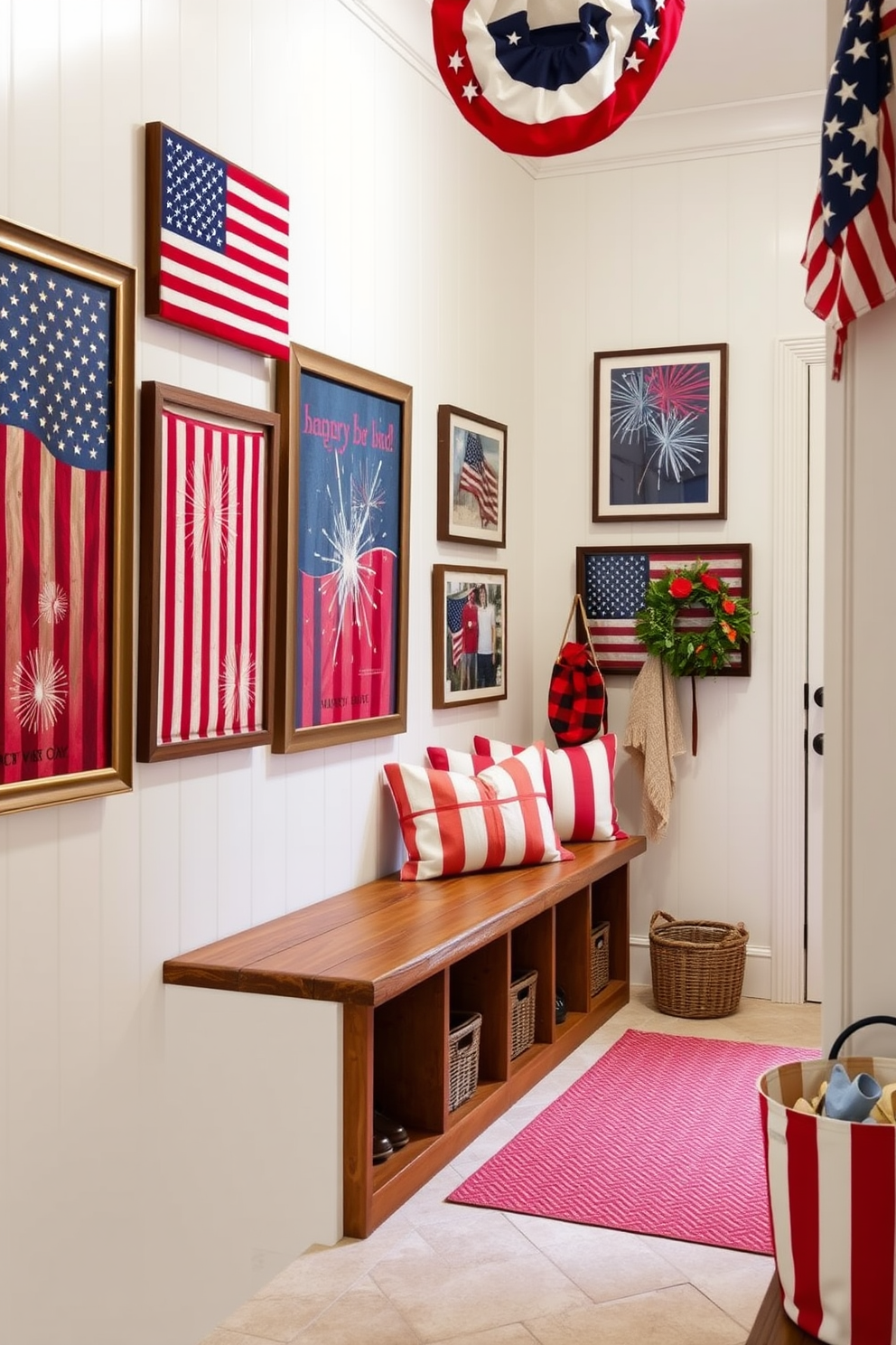 A vibrant mudroom filled with patriotic wall art and prints celebrating Independence Day. The walls are adorned with framed vintage American flags and colorful prints of fireworks, creating a festive atmosphere. A rustic wooden bench is placed along one wall, complemented by red, white, and blue cushions. Storage cubbies beneath the bench hold baskets for shoes, while a star-spangled banner hangs above the entryway.