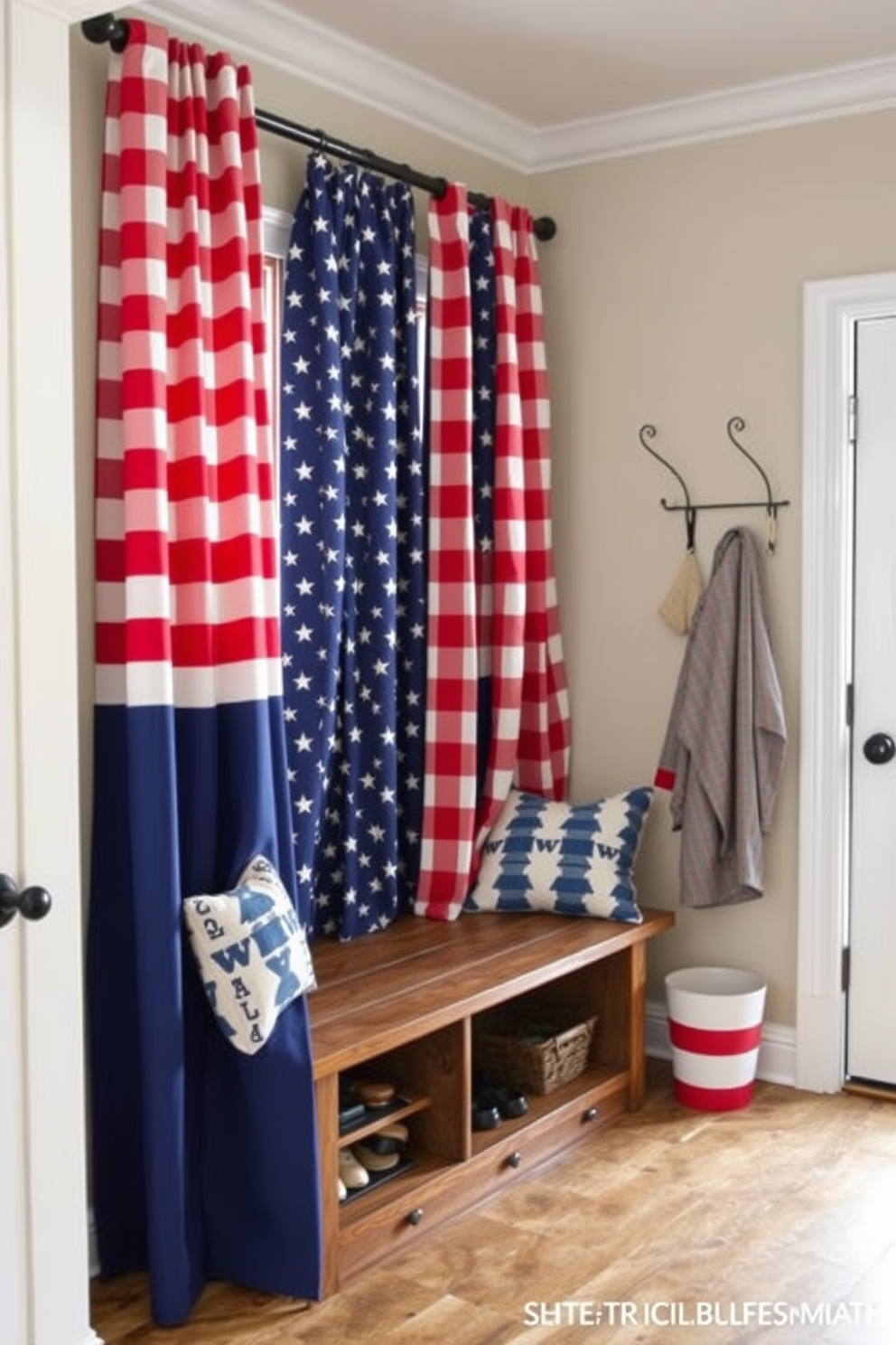 A vibrant mudroom adorned with red white and blue patterned curtains that evoke a festive Independence Day spirit. The space features a rustic wooden bench with storage underneath and a wall-mounted coat rack for easy organization.