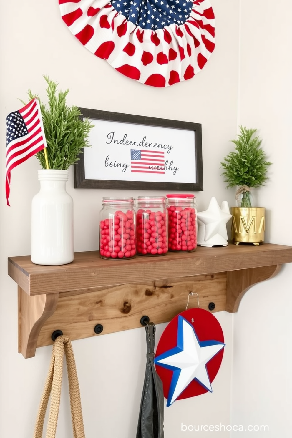 Create a cozy mudroom that celebrates Independence Day. The space features decorative jars filled with vibrant red candies placed on a rustic wooden shelf, complemented by patriotic-themed decor elements.