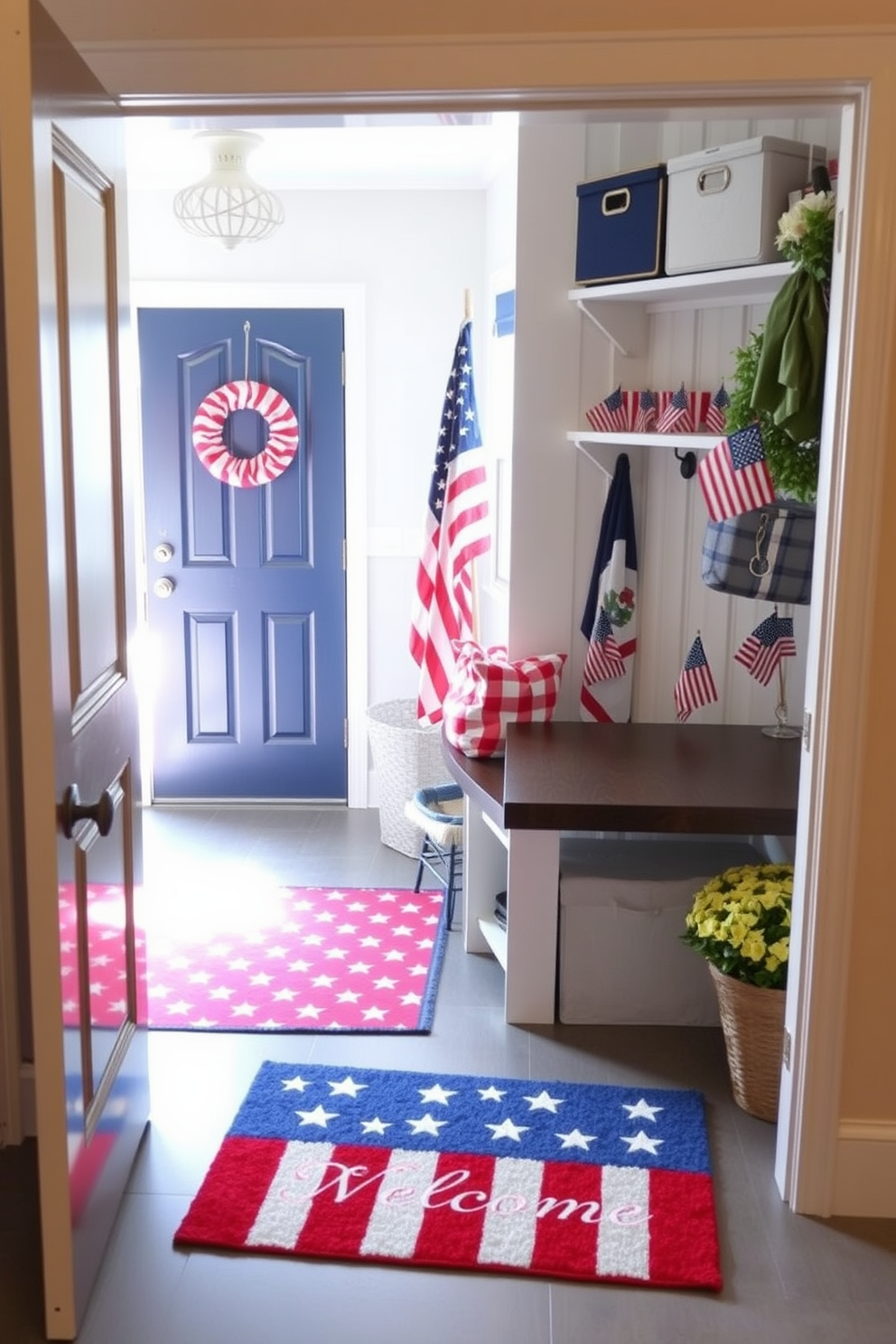 A festive Independence Day themed welcome mat welcomes guests with vibrant red, white, and blue colors. The mat features stars and stripes, creating a patriotic atmosphere right at the entrance. In the mudroom, incorporate red and white checkered patterns with blue accents to enhance the Independence Day theme. Add decorative elements like small American flags and themed storage bins for a cohesive look.