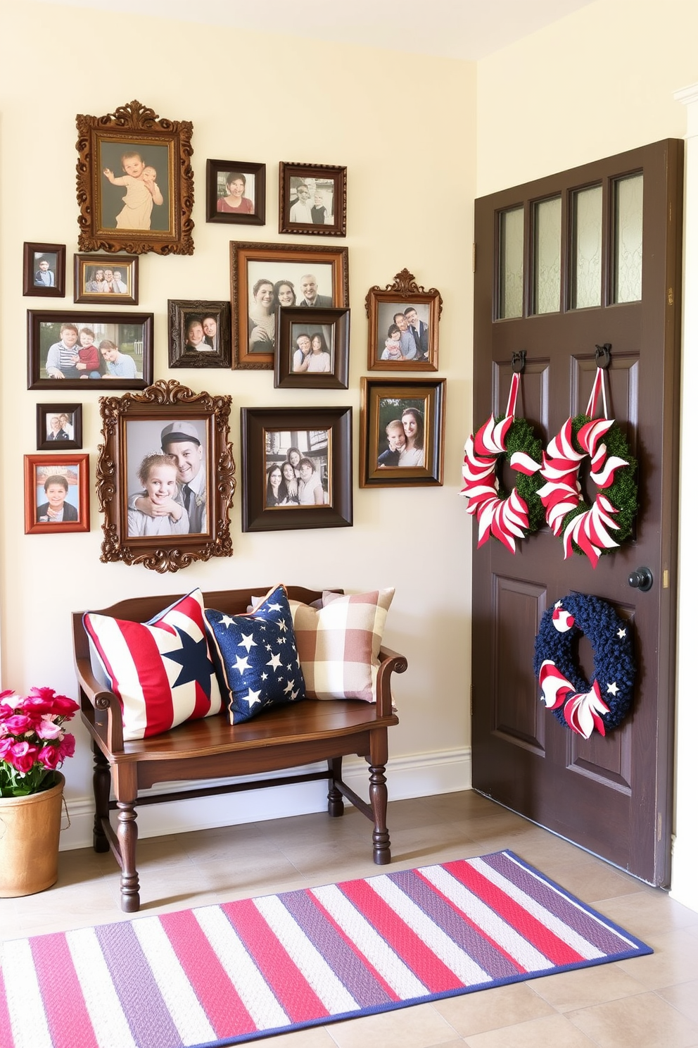 Themed photo frames for family pictures. A collection of ornate wooden frames in various sizes holds cherished family photos, arranged in a gallery style on a cream-colored wall. Each frame features unique designs, from vintage carvings to modern geometric shapes, creating an eclectic yet cohesive display. Independence Day Mudroom Decorating Ideas. The mudroom is adorned with red, white, and blue accents, including a striped rug and decorative pillows with stars. A vintage wooden bench provides seating, while patriotic wreaths hang on the door, welcoming guests in a festive spirit.