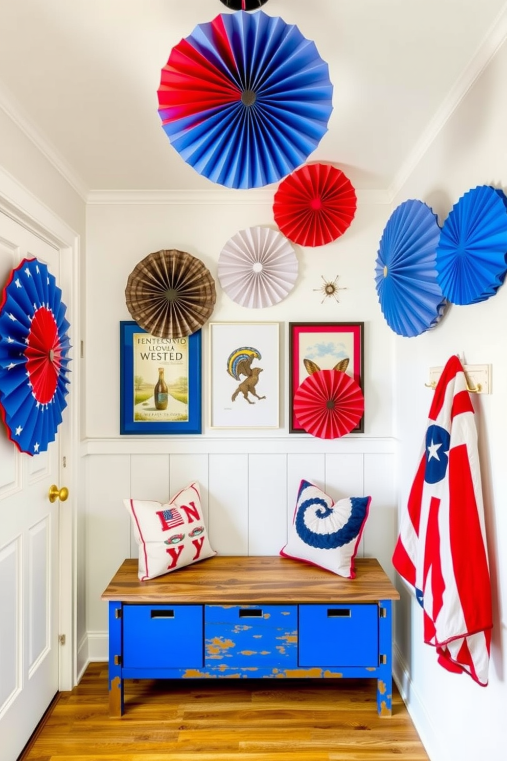 A vibrant mudroom decorated for Independence Day features colorful paper fans hanging from the ceiling in red, white, and blue. The walls are adorned with patriotic artwork, and a rustic bench with storage below provides a welcoming touch.