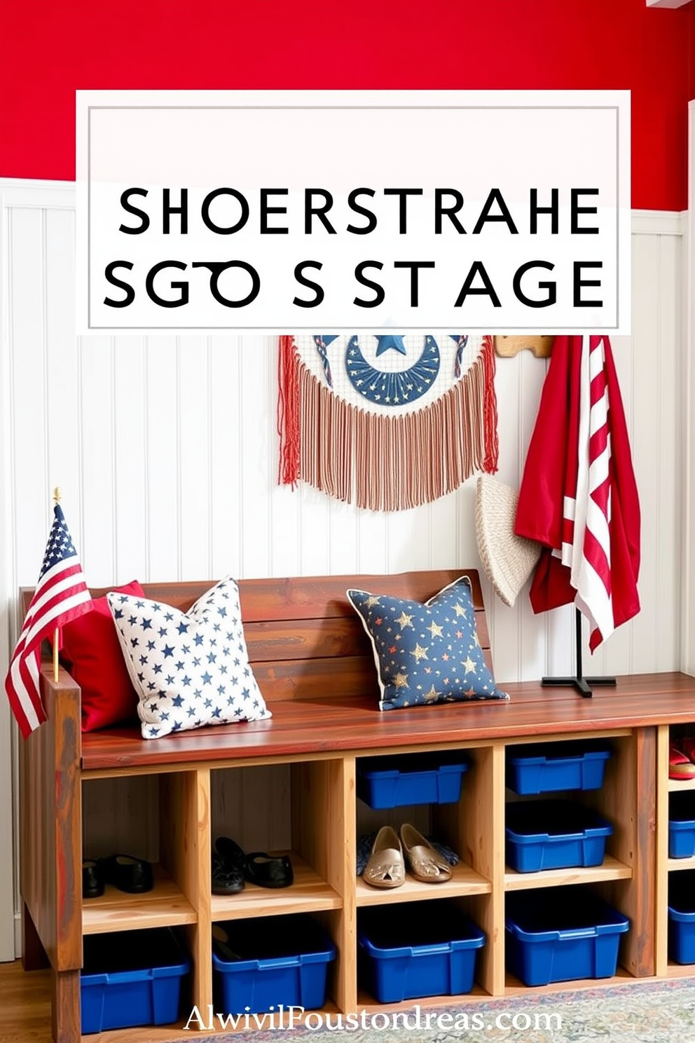 A patriotic themed shoe storage solution features a rustic wooden bench with a red, white, and blue color scheme. The bench is adorned with star-patterned cushions and has open cubbies underneath for storing shoes, while a small American flag is displayed on the side. Independence Day mudroom decorating ideas include a bright red accent wall with white wainscoting. A decorative banner with stars and stripes hangs above a functional bench, and the space is completed with blue storage bins for organization.