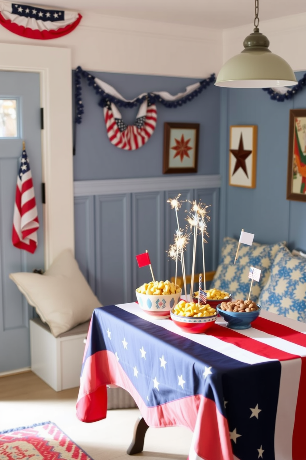 A festive table is set up in the mudroom, adorned with a red, white, and blue tablecloth that reflects the spirit of Independence Day. Colorful snacks are arranged in decorative bowls, with sparklers and small flags adding a playful touch to the display. The walls of the mudroom are decorated with patriotic bunting and artwork featuring stars and stripes. A cozy bench with throw pillows in festive colors provides a welcoming spot for guests to enjoy their treats.