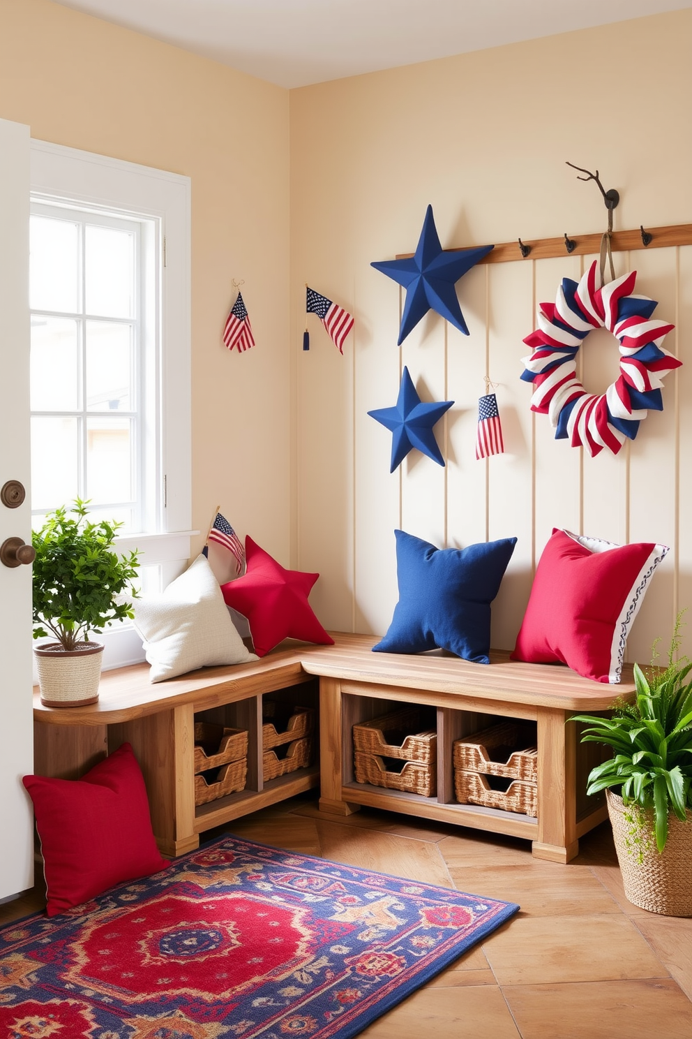 A cozy mudroom adorned with star-shaped decorative pillows in red, white, and blue hues. The walls are painted in a soft beige tone, and a rustic bench with built-in storage sits against one side. Festive Independence Day decorations are displayed, including small American flags and a wreath made of stars and stripes. A vibrant area rug adds warmth, while a few potted plants bring a touch of nature into the space.