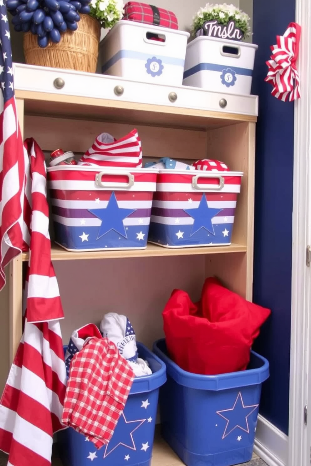 A vibrant mudroom decorated for Independence Day features storage bins adorned with stars and stripes. The bins are neatly arranged on a wooden shelf, complemented by red, white, and blue accents throughout the space.