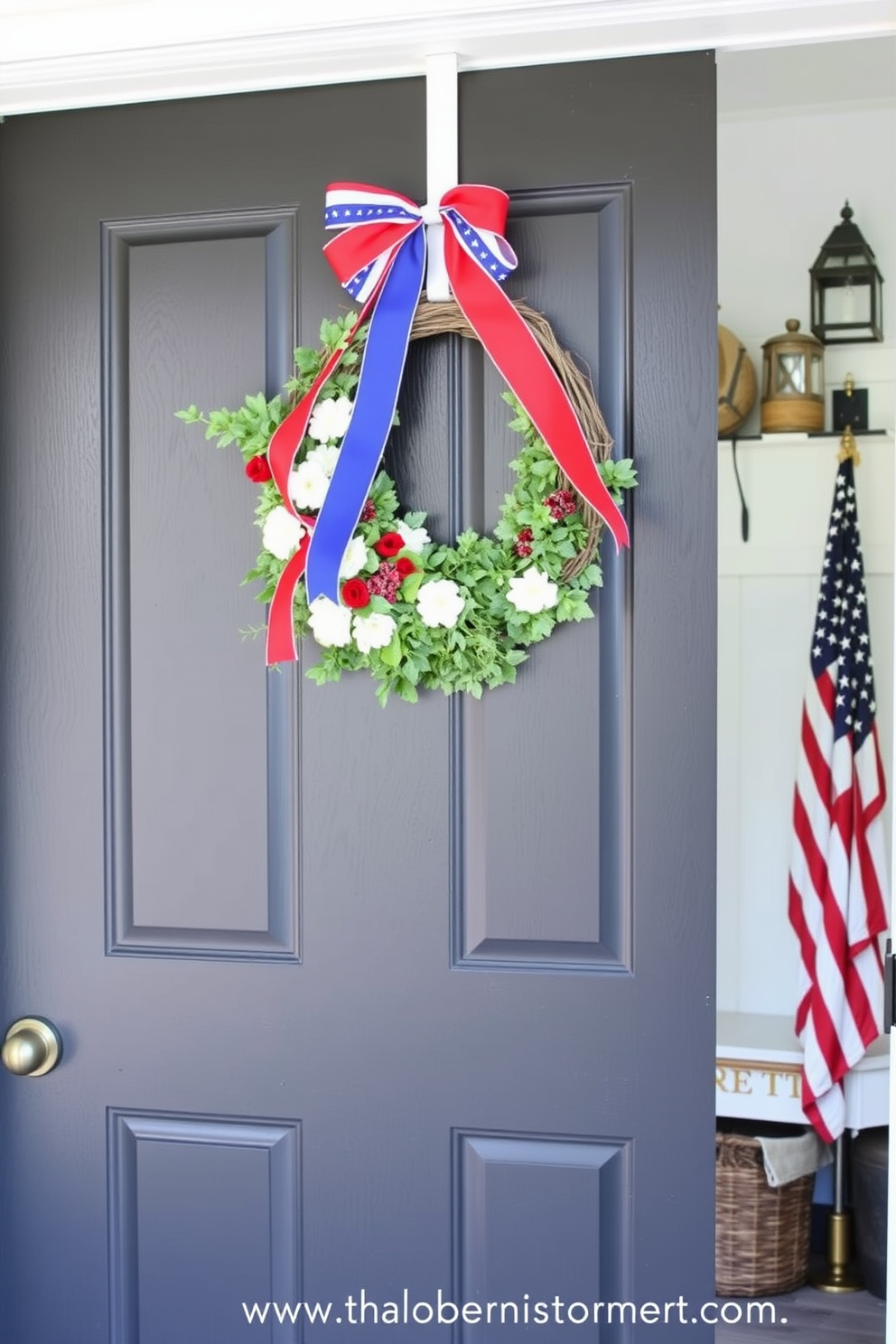 A festive wreath adorned with red white and blue ribbons hangs prominently on the front door. The wreath features a mix of fresh flowers and faux greenery to create a vibrant welcoming entrance. The mudroom is decorated with patriotic elements including a red white and blue color scheme. Vintage American flags are displayed alongside rustic storage solutions to enhance the festive atmosphere.