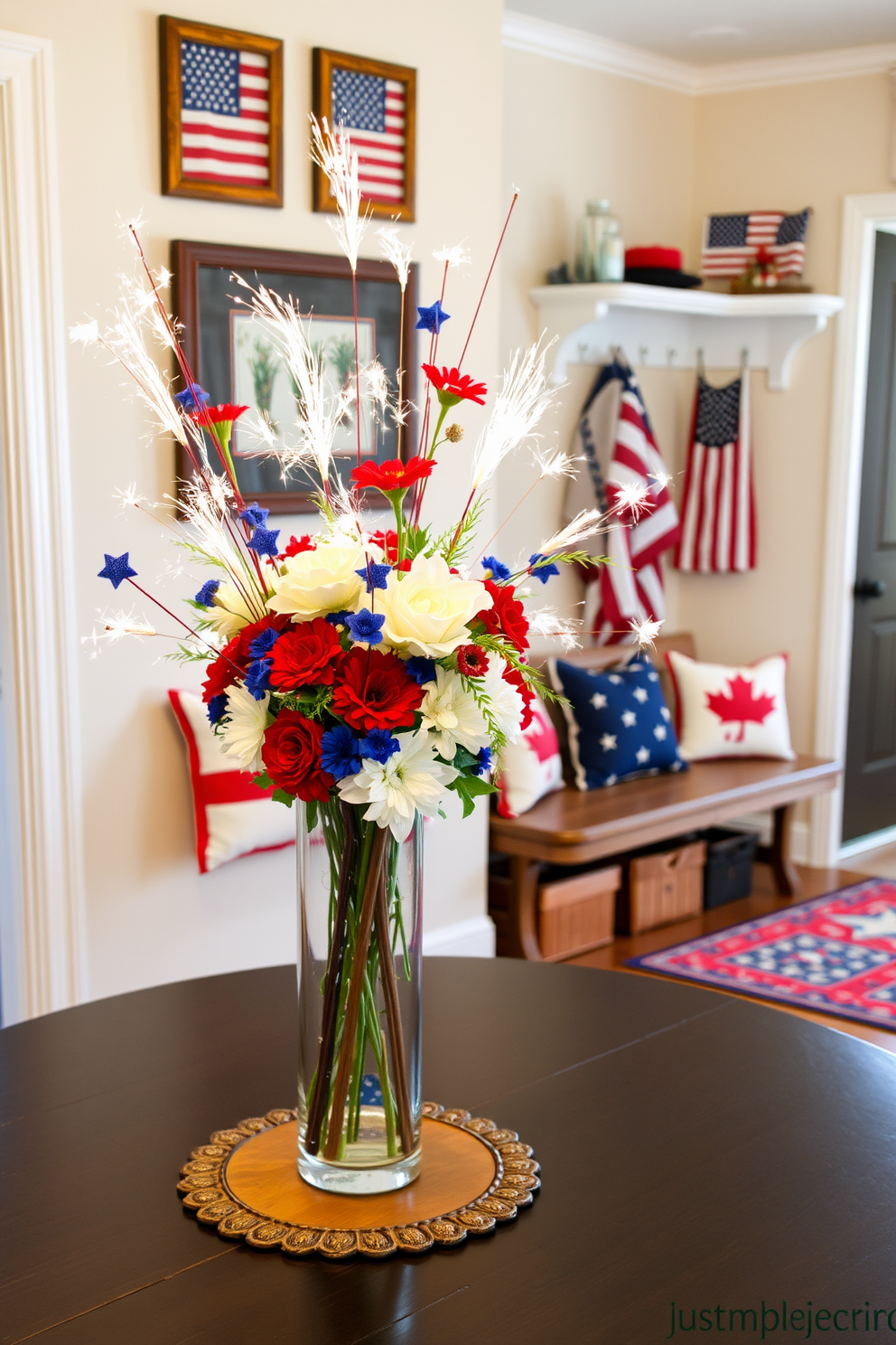 A stunning table centerpiece inspired by fireworks. The arrangement features vibrant red, white, and blue flowers in a tall glass vase, surrounded by sparklers and decorative stars. A welcoming mudroom decorated for Independence Day. The space includes a rustic bench with patriotic cushions, a wall adorned with framed American flags, and a colorful rug that ties the theme together.