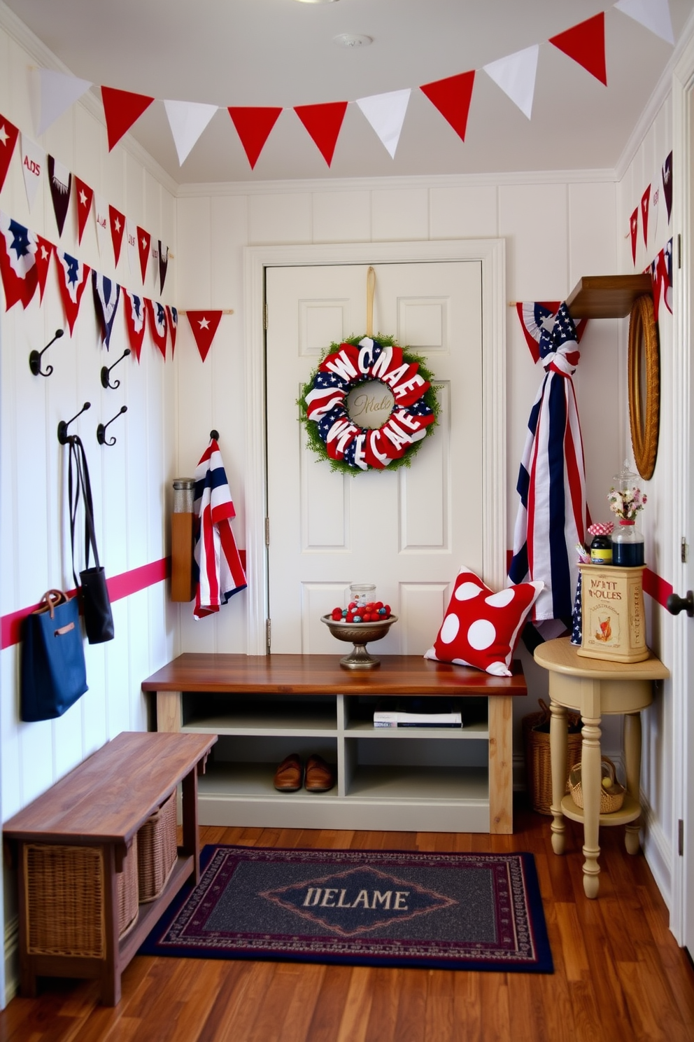 A festive mudroom adorned with bunting flags along the walls in red white and blue colors. The space features a rustic wooden bench with storage underneath and a large welcome mat at the entrance. On one side of the room there are hooks for hanging jackets and bags while a small table holds a decorative bowl filled with patriotic themed items. A cheerful wreath made of stars and stripes hangs on the door welcoming guests into the celebratory space.