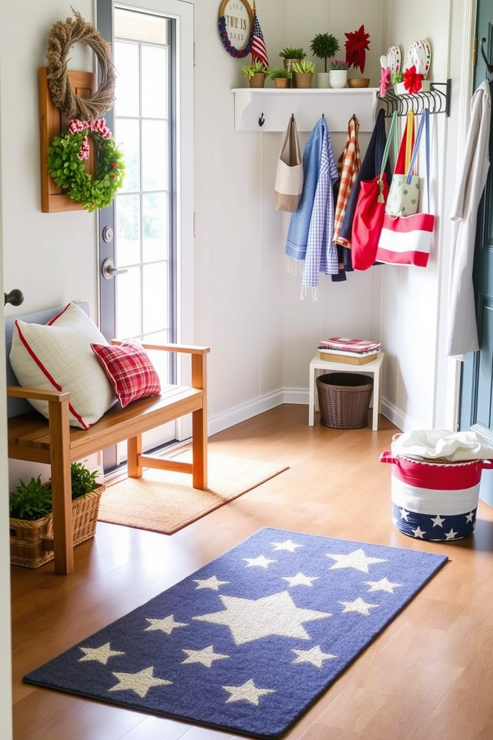 A seasonal entryway rug featuring a star pattern is placed in front of a welcoming door. The rug is complemented by a wooden bench and a decorative basket filled with patriotic-themed throw pillows. The mudroom is adorned with red white and blue accents for Independence Day. A hanging shelf displays small potted plants and festive decorations while a coat rack holds colorful jackets and bags.