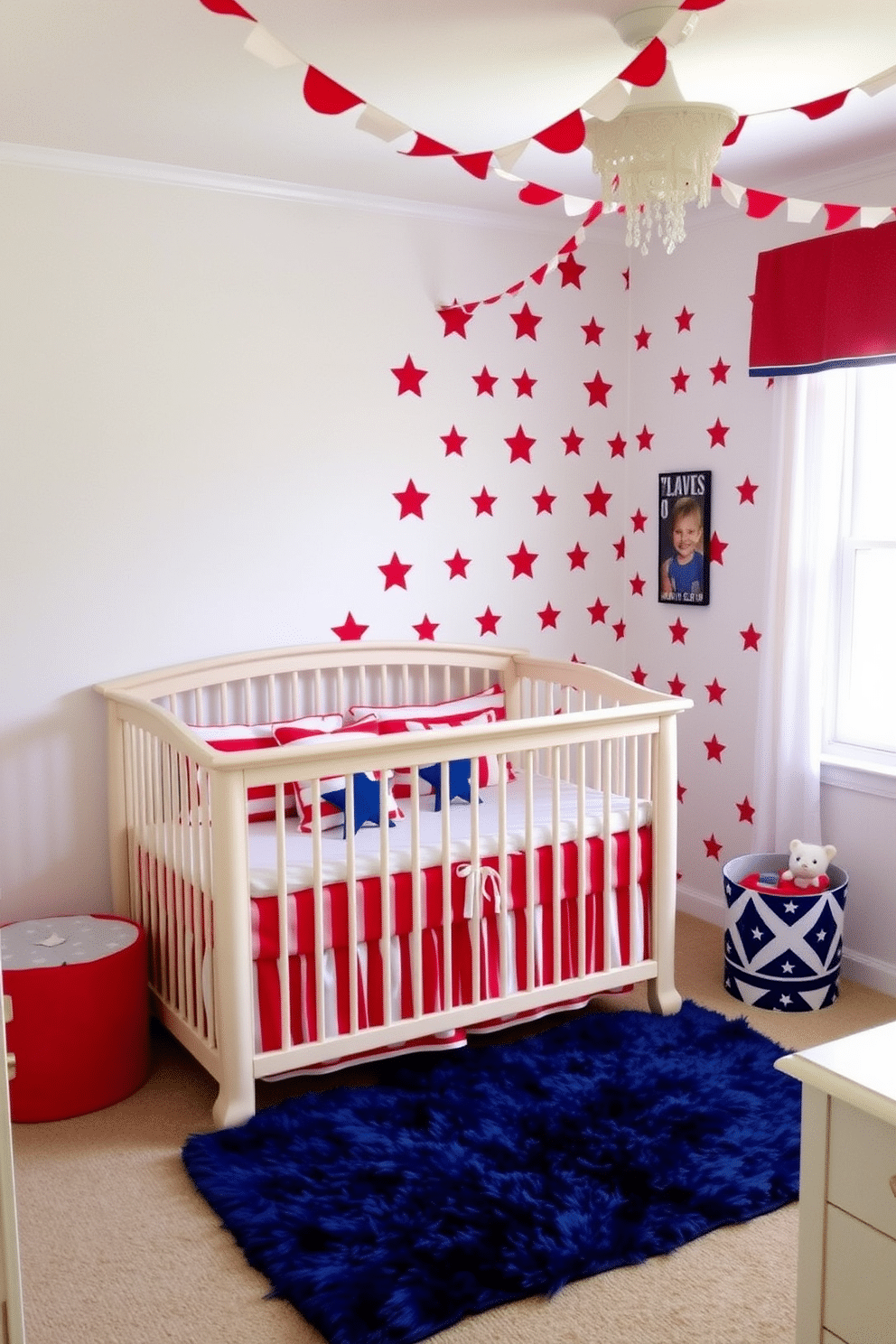 A cheerful nursery featuring a patriotic red, white, and blue color scheme. The walls are painted in soft white, with one accent wall showcasing a bold red and blue star pattern. A cozy crib is dressed in red and white striped bedding, complemented by blue and white star-shaped pillows. A plush blue rug sits on the floor, and red and white bunting decorates the ceiling, creating a festive atmosphere.