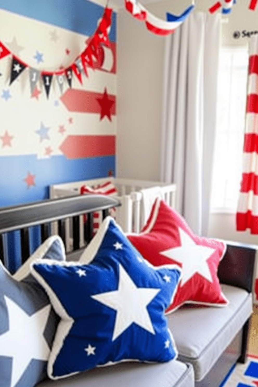 Star shaped pillows for cozy seating. The pillows are plush and soft, featuring a mix of red, white, and blue fabrics that evoke a festive atmosphere. Independence Day Nursery Decorating Ideas. The nursery is adorned with patriotic colors, including a mural of stars and stripes on one wall, and decorative bunting hanging from the ceiling.