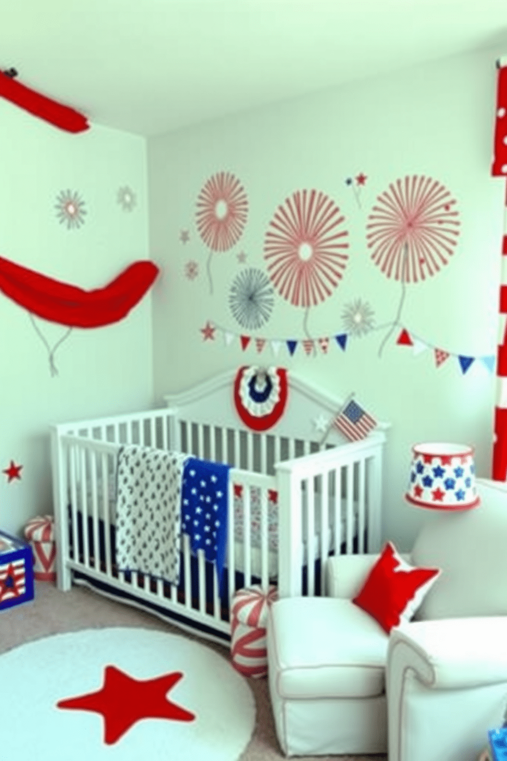 A vibrant nursery decorated for Independence Day featuring wall decals of colorful fireworks and waving flags. The room is filled with a playful atmosphere, accentuated by red, white, and blue accents throughout the furnishings and decor.