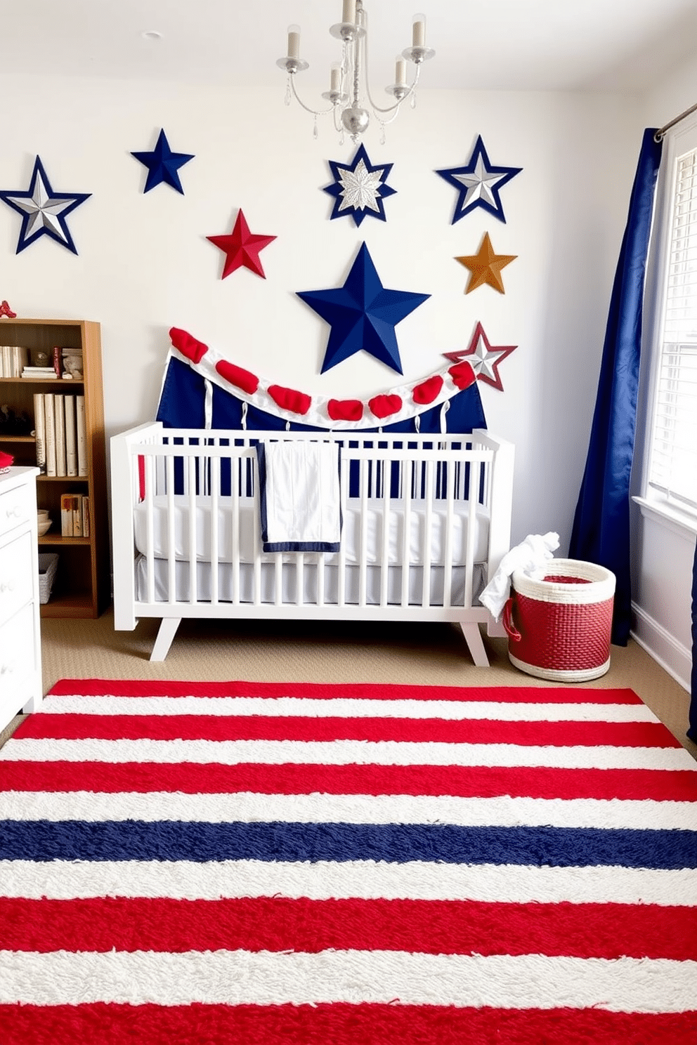 A cozy nursery featuring a red white and blue striped area rug that adds a festive touch to the room. The walls are painted in a soft white hue with decorative elements inspired by Independence Day, including star motifs and cheerful accents.