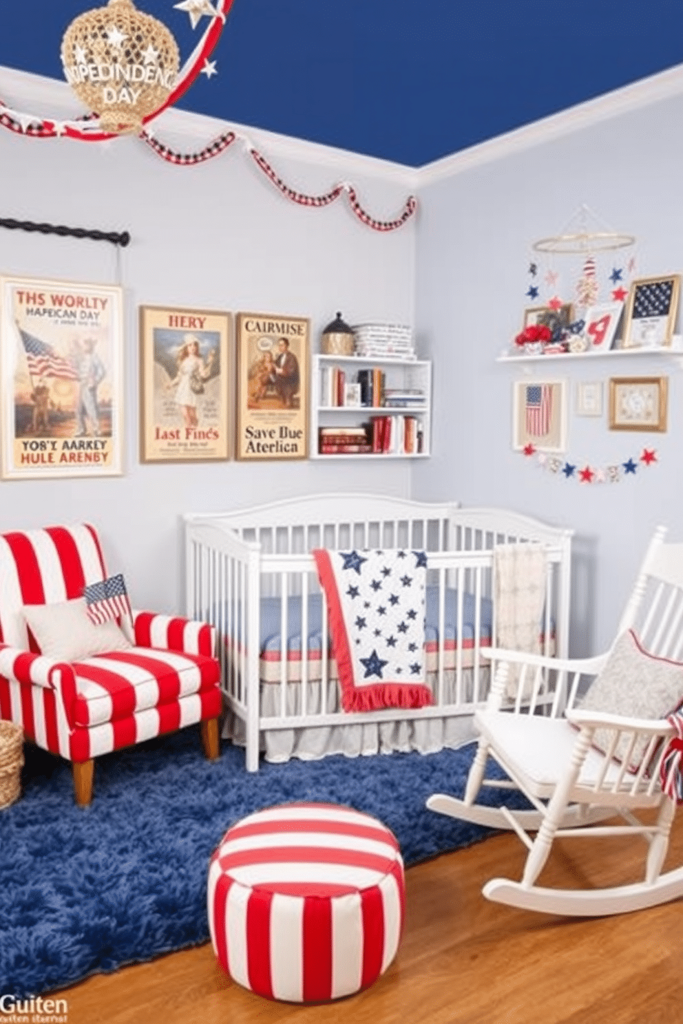 Independence Day themed book nook corner. A cozy reading nook with a red and white striped armchair and a small side table decorated with a miniature American flag. The walls are adorned with patriotic bunting and framed vintage posters of Independence Day celebrations. A plush blue rug anchors the space, and a bookshelf filled with classic American literature adds charm. Independence Day Nursery Decorating Ideas. Soft pastel colors dominate the nursery, with a crib draped in a star-patterned blanket and a mobile featuring red, white, and blue stars. The walls are painted in a light sky blue, and decorative elements include small flags and themed artwork. A comfortable rocking chair sits in one corner, perfect for storytime and cuddles.