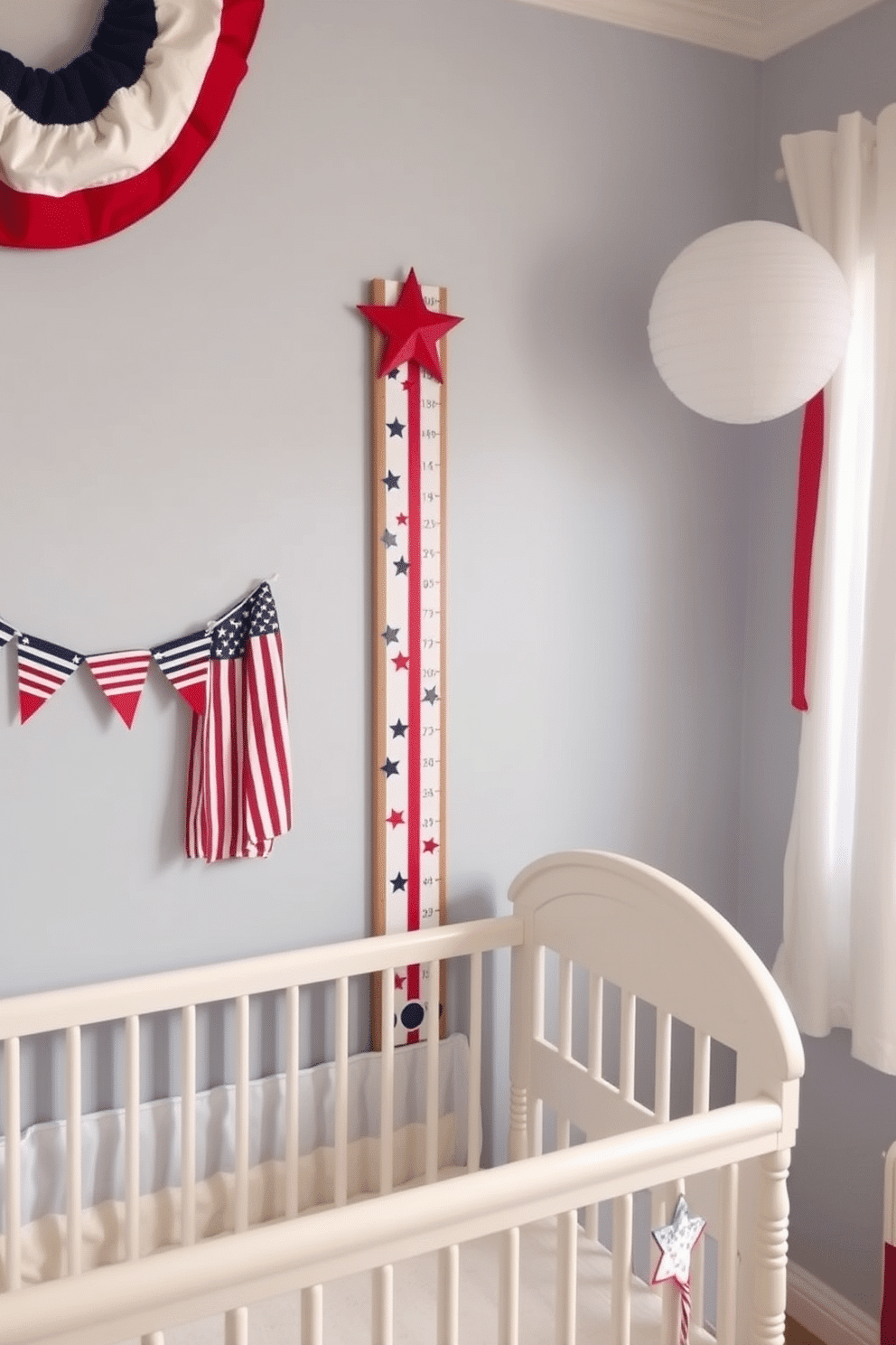 A patriotic themed growth chart is prominently displayed on the wall, featuring red, white, and blue colors with stars and stripes. The nursery is decorated with Independence Day motifs, including small flags and bunting, creating a festive and cheerful atmosphere.