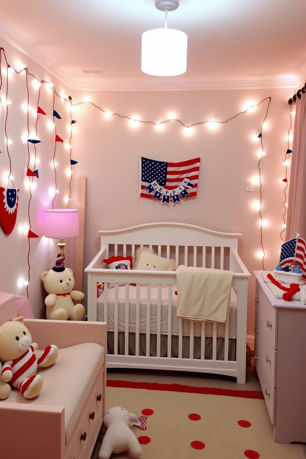 A cozy nursery decorated for Independence Day. The room features soft pastel colors with festive string lights draped along the walls, creating a warm and inviting atmosphere. Red, white, and blue accents are incorporated through plush toys and bedding. A small American flag is displayed on the dresser, adding a touch of patriotism to the playful space.