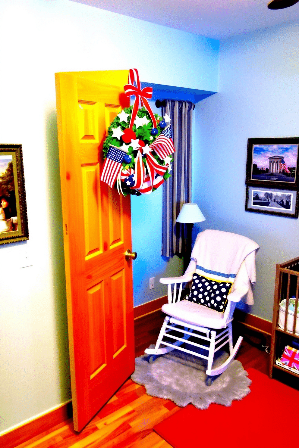 A decorative wreath adorned with stars and stripes hangs prominently on the door, symbolizing the spirit of Independence Day. The wreath features vibrant red, white, and blue colors, complemented by small American flags and festive ribbons. Inside the nursery, a cozy corner is created with a soft rocking chair and a plush area rug in patriotic colors. The walls are painted in a light blue hue, with framed artwork depicting scenes of freedom and celebration, enhancing the festive atmosphere.