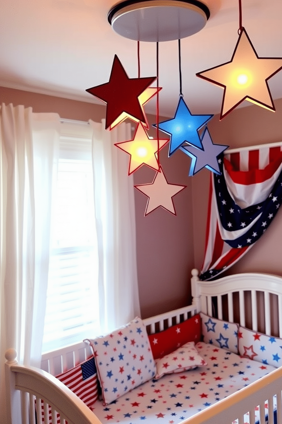 A cozy nursery decorated for Independence Day features star shaped lanterns hanging from the ceiling, casting a warm ambient glow throughout the room. The walls are painted in soft shades of red, white, and blue, with playful stars and stripes patterns adorning the bedding and curtains.