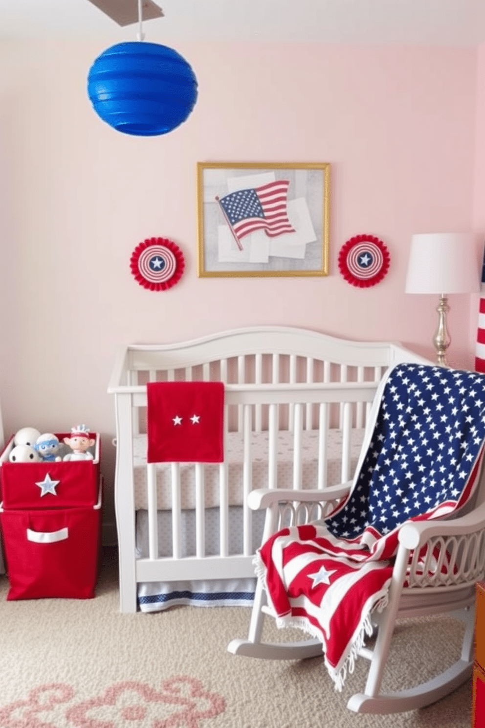 A playful nursery decorated for Independence Day. The room features toy storage bins in red, white, and blue, adorned with stars and stripes, providing a festive touch. The walls are painted in soft pastel colors, with patriotic-themed artwork hanging above the crib. A cozy rocking chair sits in the corner, draped with a flag-patterned throw blanket, creating a warm and inviting atmosphere.