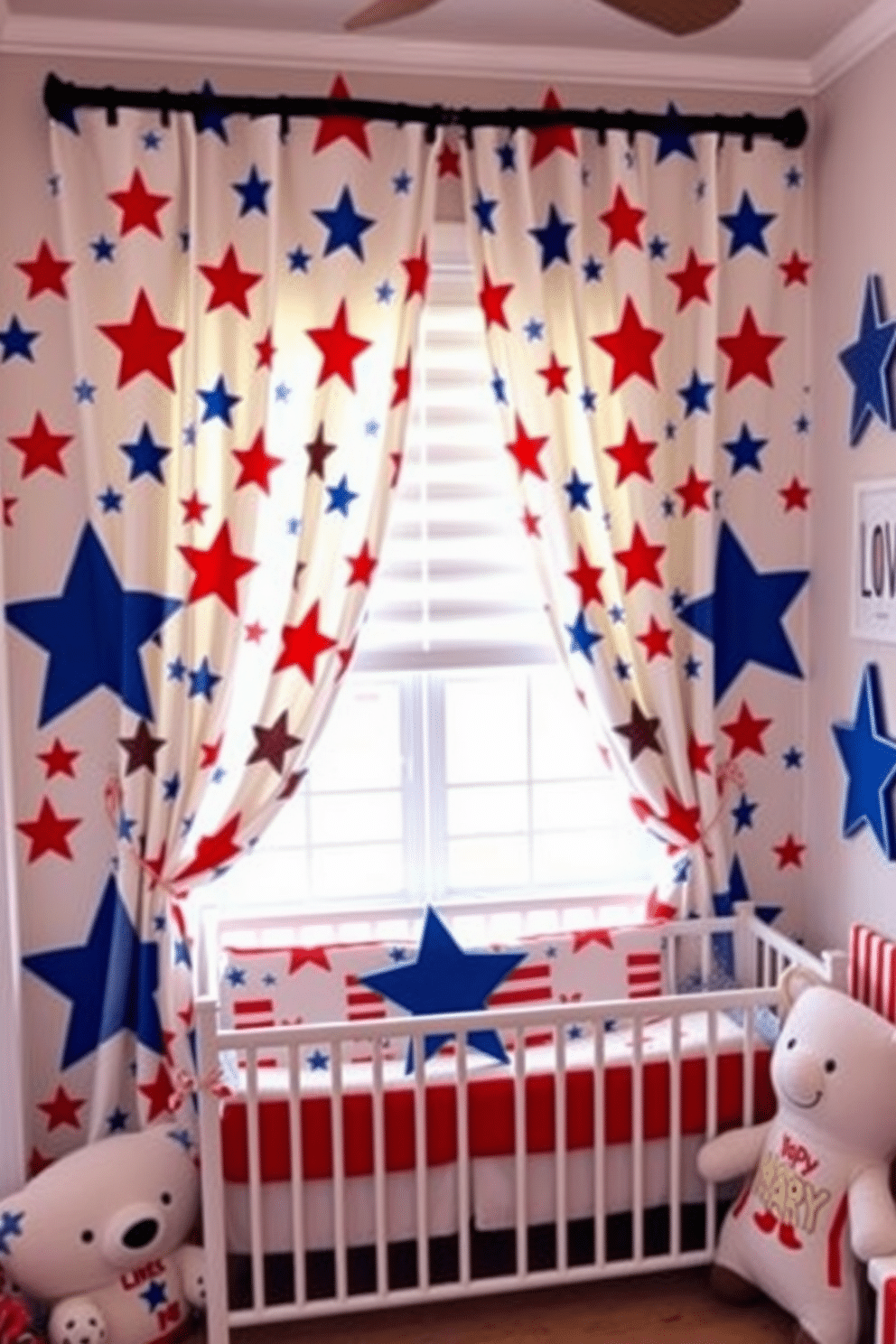 Star patterned curtains drape elegantly in the nursery, adding a festive touch to the space. The vibrant colors of red, white, and blue create a cheerful atmosphere, perfect for celebrating Independence Day. The nursery features playful decor elements, including a cozy crib adorned with patriotic-themed bedding. Soft toys and wall art echo the star motif, enhancing the overall festive ambiance.