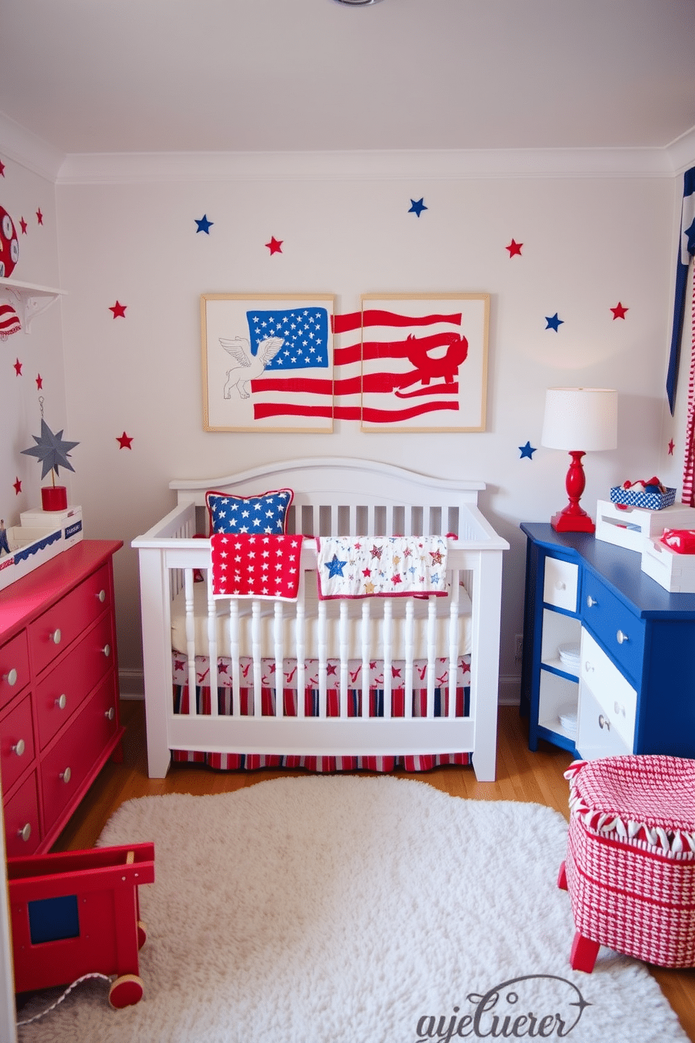 A charming nursery featuring furniture accents painted in red, white, and blue to celebrate Independence Day. The walls are adorned with playful star patterns, and a cozy crib is dressed in patriotic-themed bedding. A soft area rug in a complementary color scheme lies in the center of the room, providing a comfortable play space. Wall art featuring whimsical interpretations of the American flag adds a festive touch to the decor.