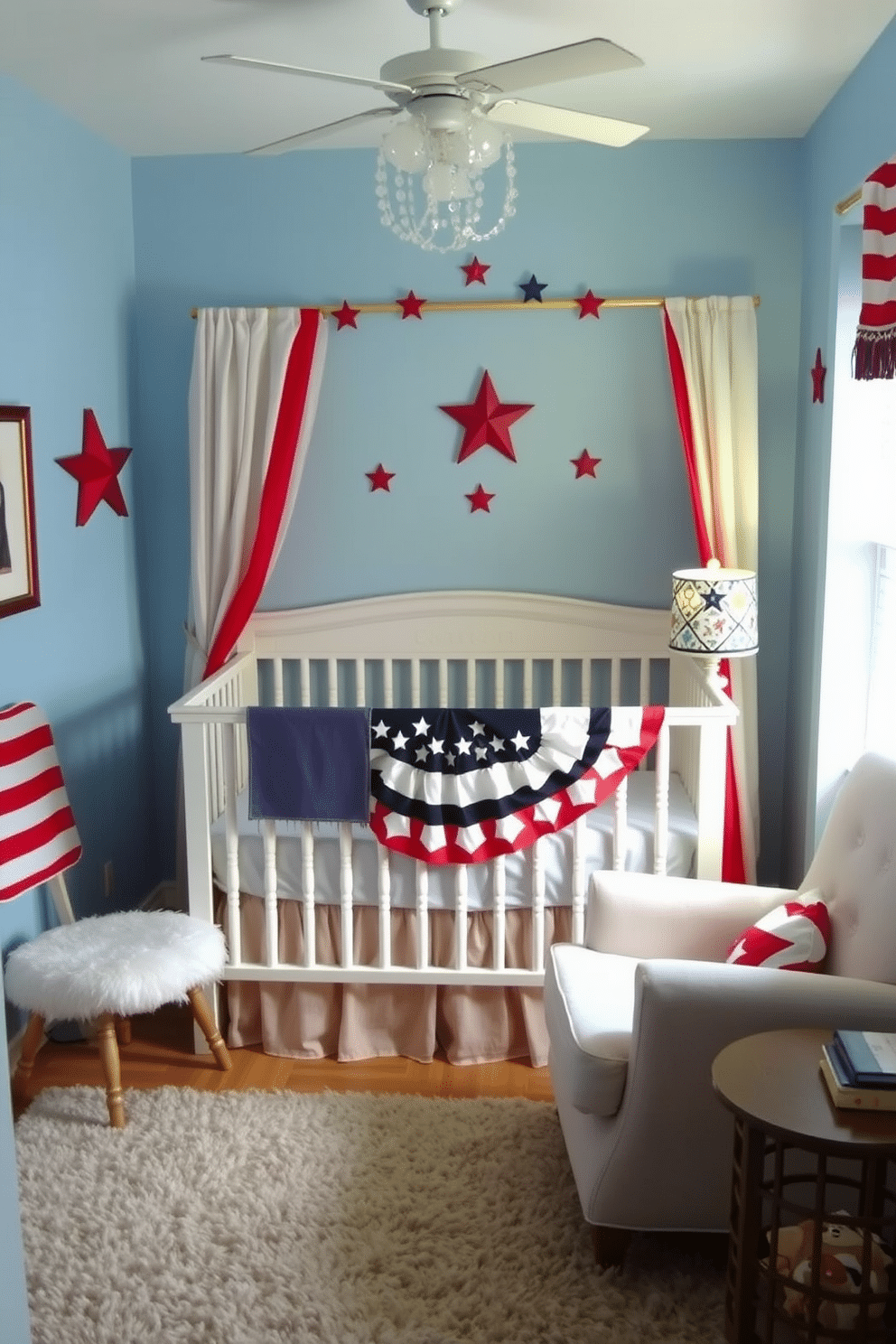 A cozy nursery featuring a crib draped with a star spangled banner. The walls are painted in soft blue, and red and white accents are scattered throughout the room. A plush rocking chair sits in one corner, accompanied by a small side table holding a patriotic-themed lamp. The floor is covered with a soft, neutral area rug, adding warmth to the space.