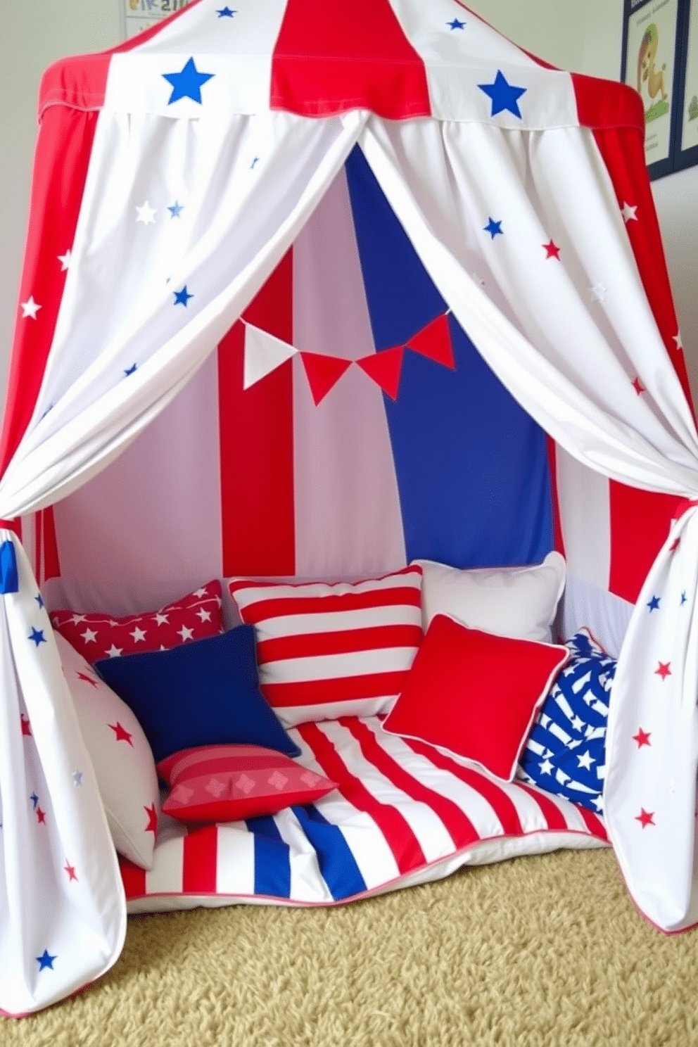 A themed play tent designed for a nursery celebrates patriotic colors with a bold red, white, and blue palette. The tent features stars and stripes patterns, creating a festive atmosphere perfect for Independence Day celebrations. Inside the tent, soft cushions and blankets in coordinating colors provide a cozy play area for children. Fun decorative elements like small flags and bunting enhance the festive theme, inviting imaginative play and celebration.