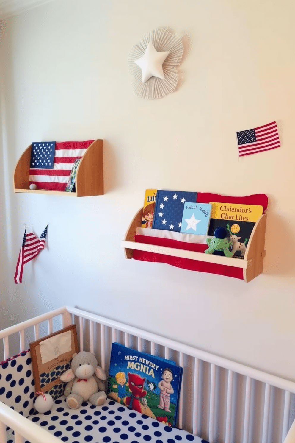 A charming nursery decorated for Independence Day features wall-mounted shelves adorned with flag motifs. The shelves are filled with colorful children's books and plush toys, creating a festive and inviting atmosphere.