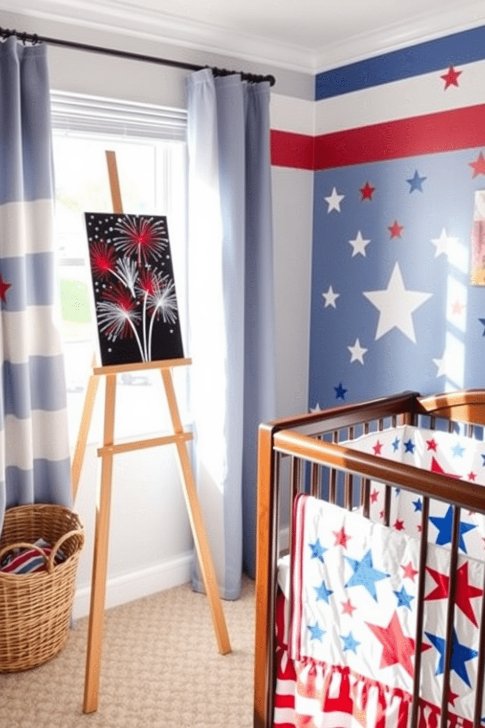 A vibrant Independence Day themed art easel setup is displayed in a sunlit corner of the room. The easel holds a canvas painted with red white and blue fireworks against a night sky backdrop. For the Independence Day nursery decorating ideas the walls are adorned with playful star and stripe patterns. A cozy crib is dressed in a patriotic themed bedding set featuring stars and stripes in bright colors.