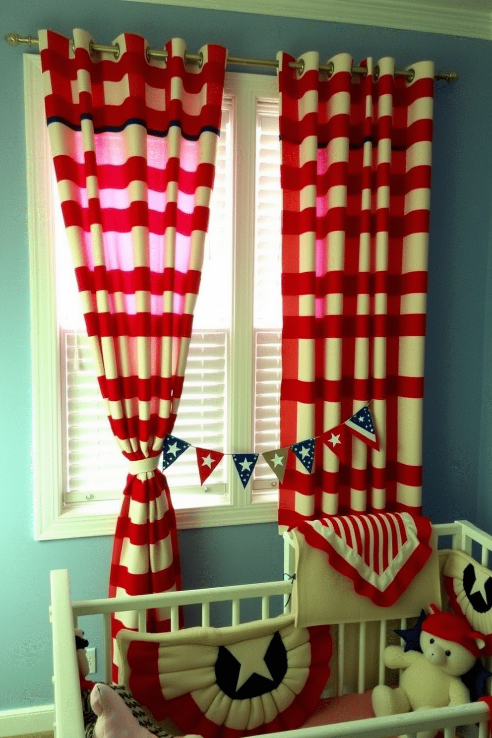 Patriotic themed window treatments for privacy. The curtains feature a bold red and white striped pattern with blue accents, providing both style and seclusion. Independence Day nursery decorating ideas. The room is adorned with star-spangled banners and soft, plush toys in red, white, and blue, creating a festive yet cozy atmosphere.