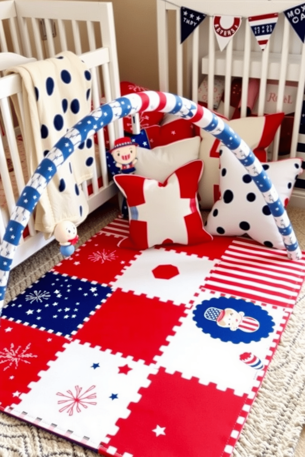 A vibrant Fourth of July themed play mat for toddlers featuring red white and blue colors with stars and stripes patterns. The mat includes playful elements such as fireworks and cartoon characters dressed in patriotic outfits. Independence Day nursery decorating ideas that incorporate festive decor such as bunting and flag motifs. Soft furnishings like cushions and blankets in red white and blue create a cozy and celebratory atmosphere.