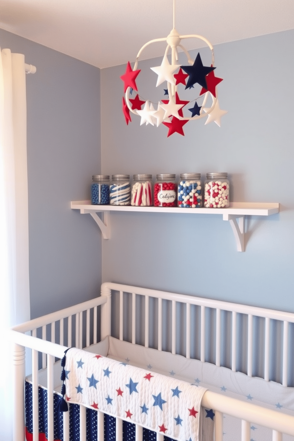 A charming nursery setting designed for Independence Day. The room features decorative jars filled with red, white, and blue candies arranged on a white shelf, adding a festive touch. Soft blue walls create a serene backdrop, while a cozy white crib is adorned with a star-patterned blanket. A cheerful mobile with red, white, and blue stars hangs above the crib, completing the patriotic theme.