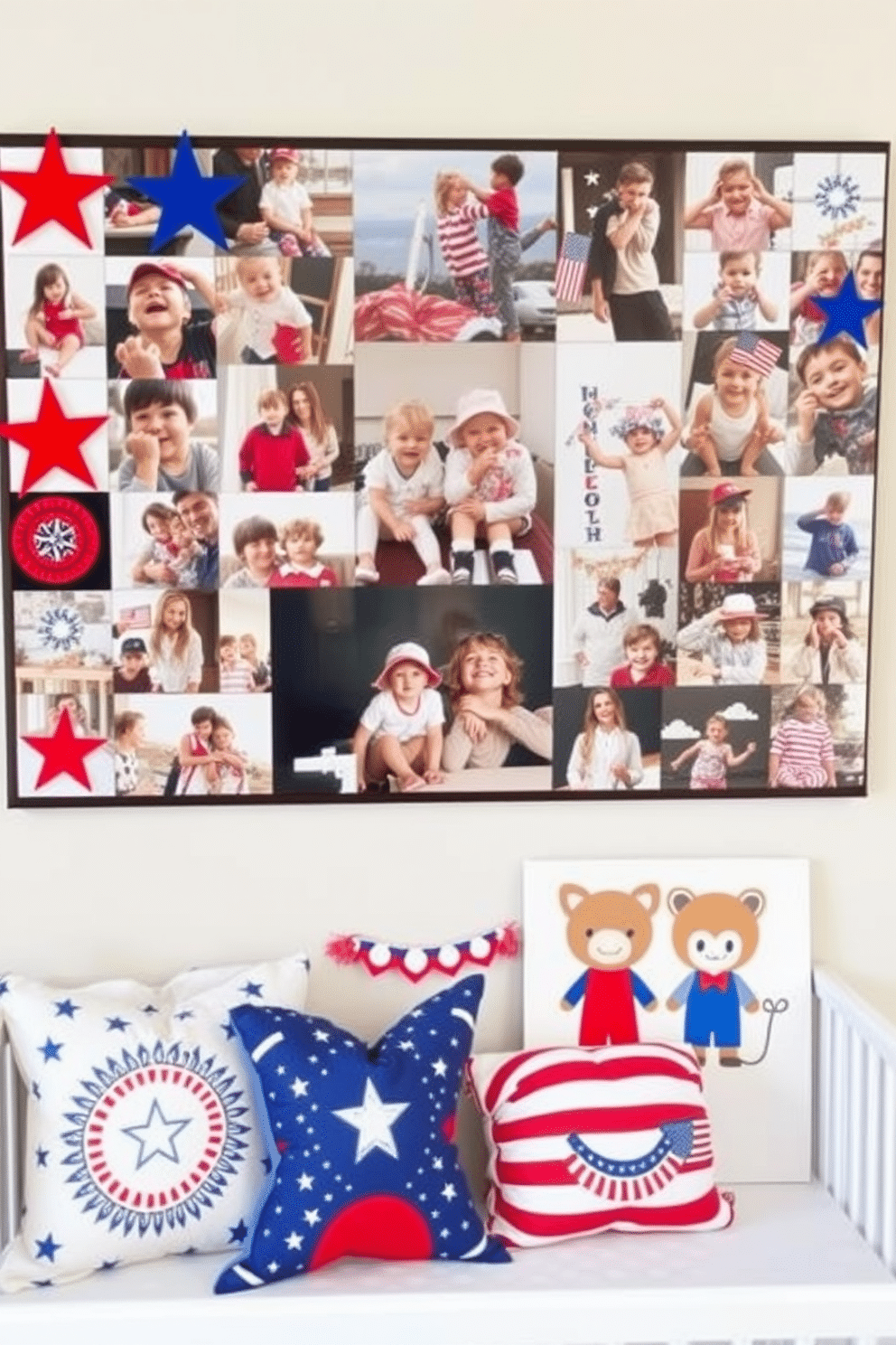 A vibrant Independence Day themed photo wall collage featuring an array of red white and blue images. The collage includes festive decorations such as stars and stripes along with family photos celebrating the holiday. Creative Independence Day nursery decorating ideas that incorporate patriotic colors and playful designs. Soft furnishings like pillows and blankets showcase stars and stripes while wall art features cute animal characters dressed in red white and blue.