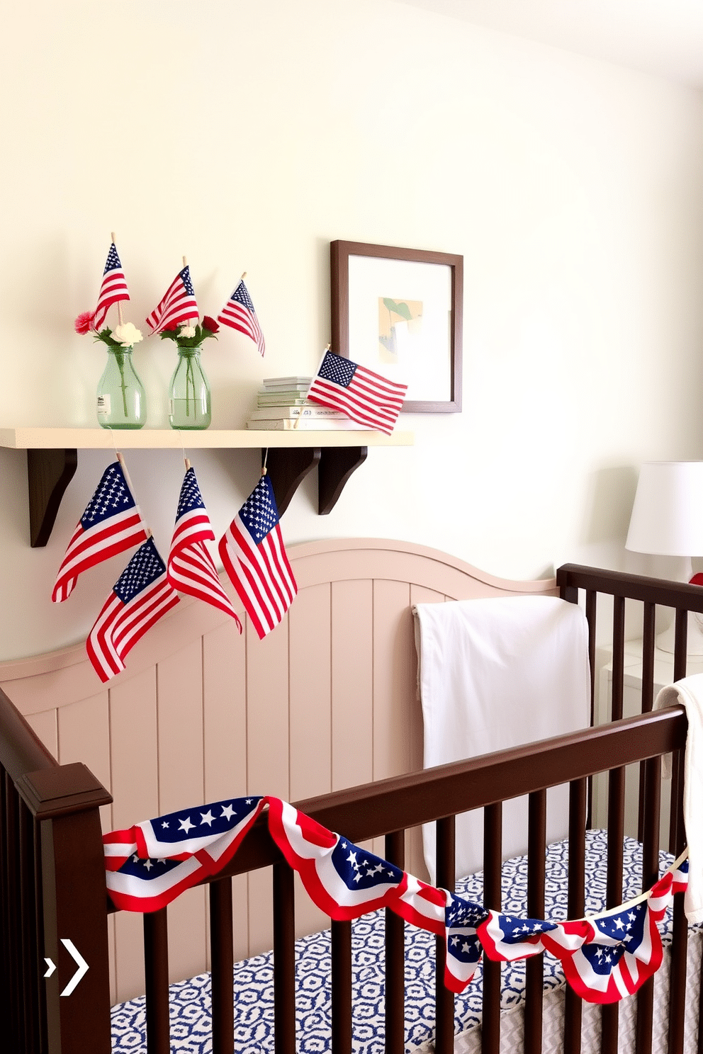 A charming nursery decorated for Independence Day features miniature American flags as decor accents. The flags are tastefully arranged in small vases on shelves and integrated into a festive garland along the crib.