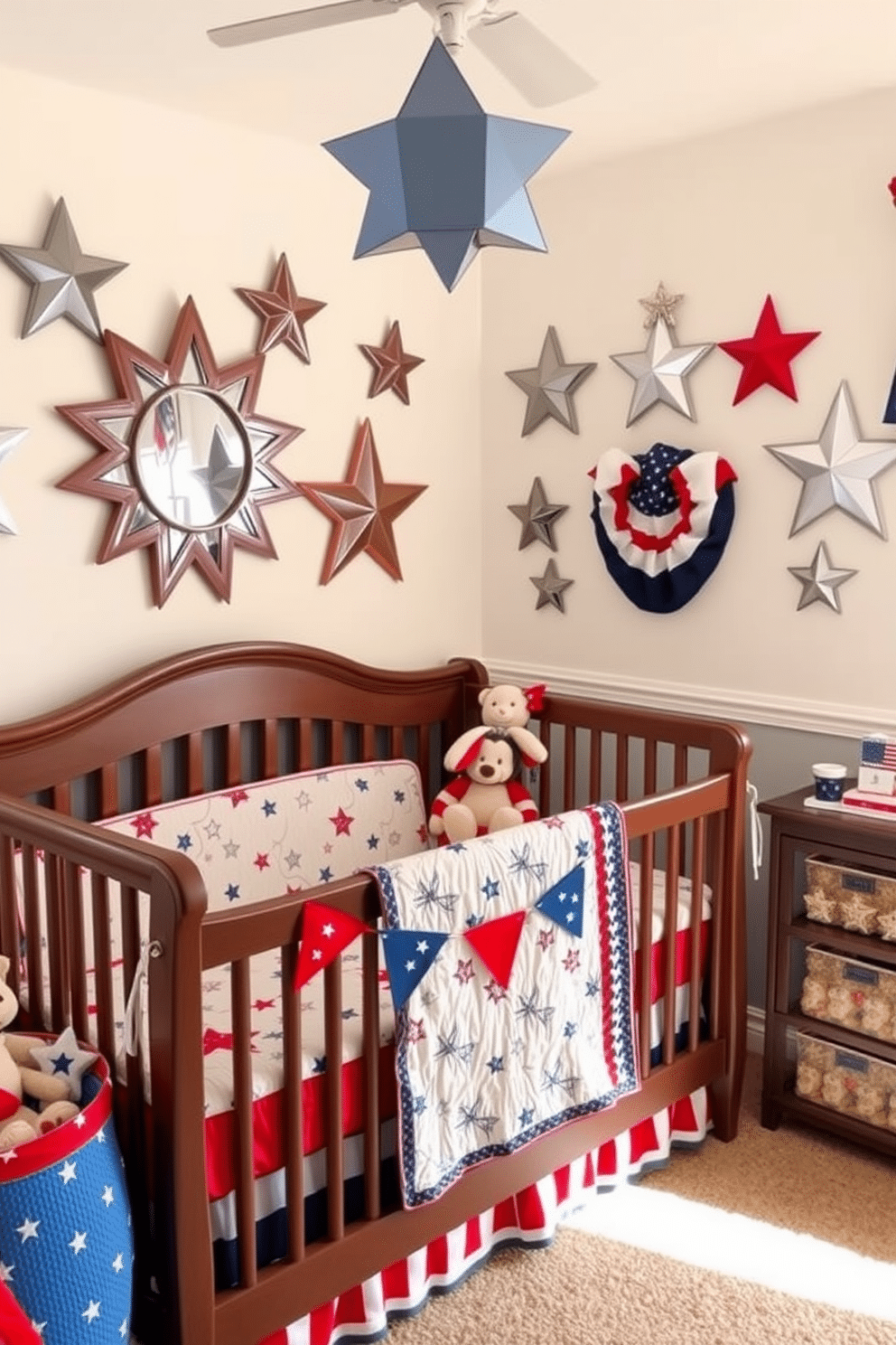 A charming nursery decorated for Independence Day. The walls are adorned with star shaped wall mirrors that reflect soft, ambient light throughout the room. The color scheme features red, white, and blue accents, with a cozy crib draped in a patriotic quilt. Decorative elements include bunting and plush toys celebrating the holiday spirit.