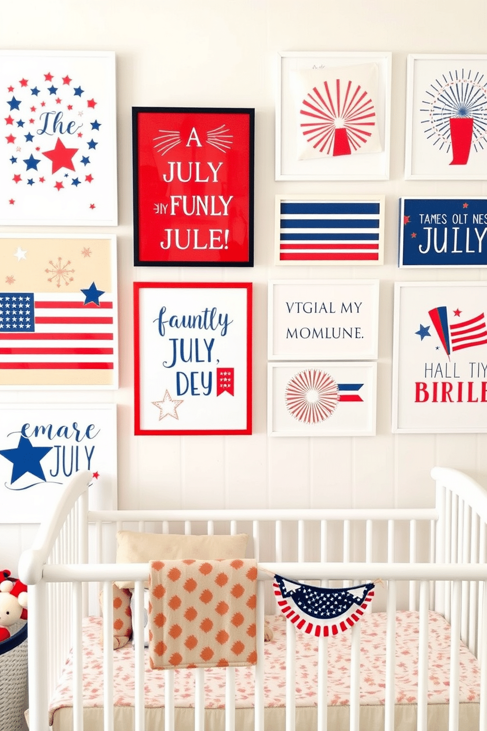 Create a vibrant and festive display of Fourth of July themed wall art prints. Incorporate elements like stars and stripes, fireworks, and patriotic quotes in a playful color palette of red, white, and blue. Design a cozy nursery that celebrates Independence Day with subtle decor. Use soft fabrics in patriotic colors, and include themed accessories like plush toys and wall decals featuring stars and flags.