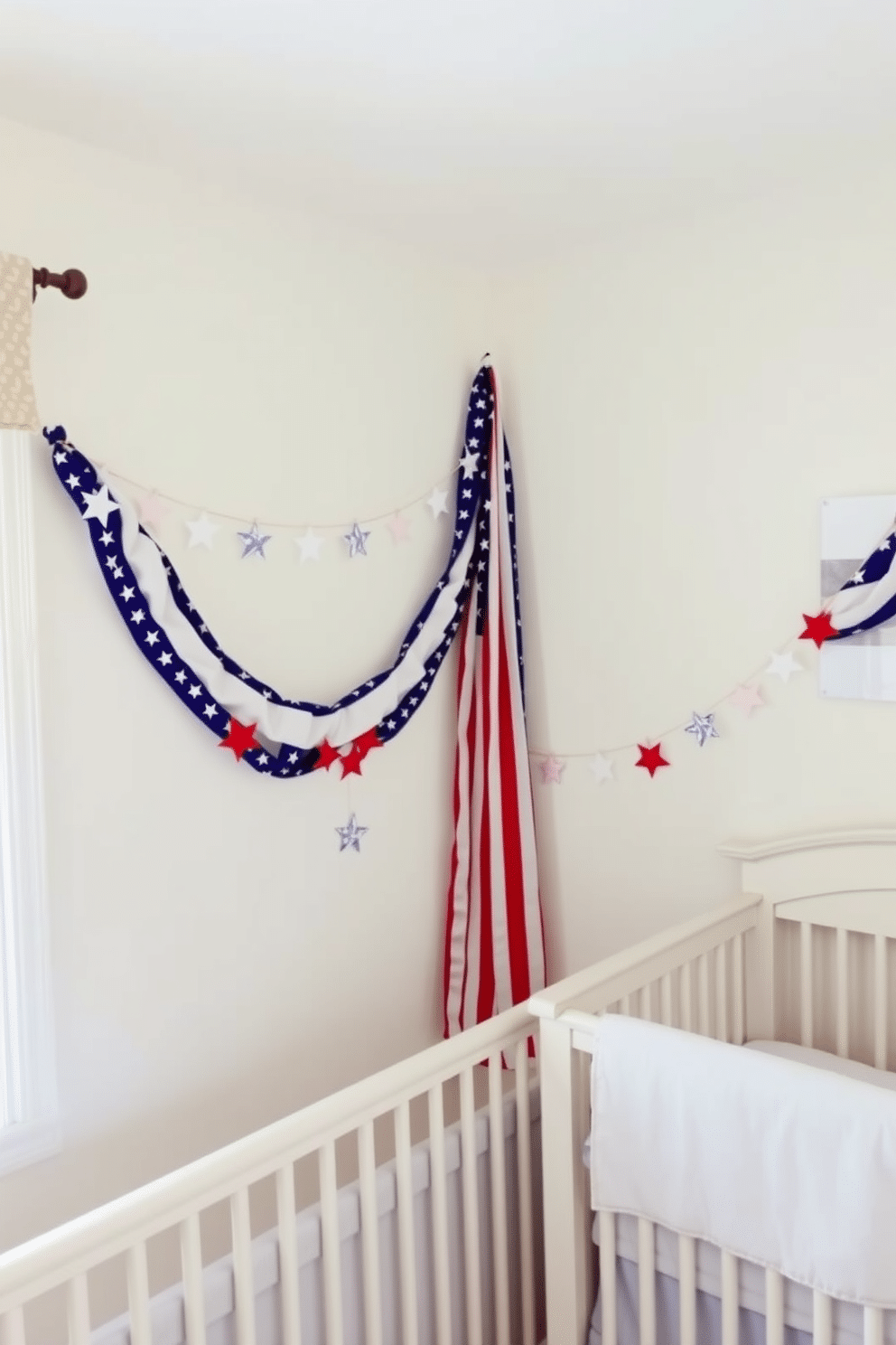 A charming nursery decorated for Independence Day features bunting made from stars and stripes fabric hanging across the walls. The room is filled with soft, pastel colors, creating a warm and inviting atmosphere for a baby.