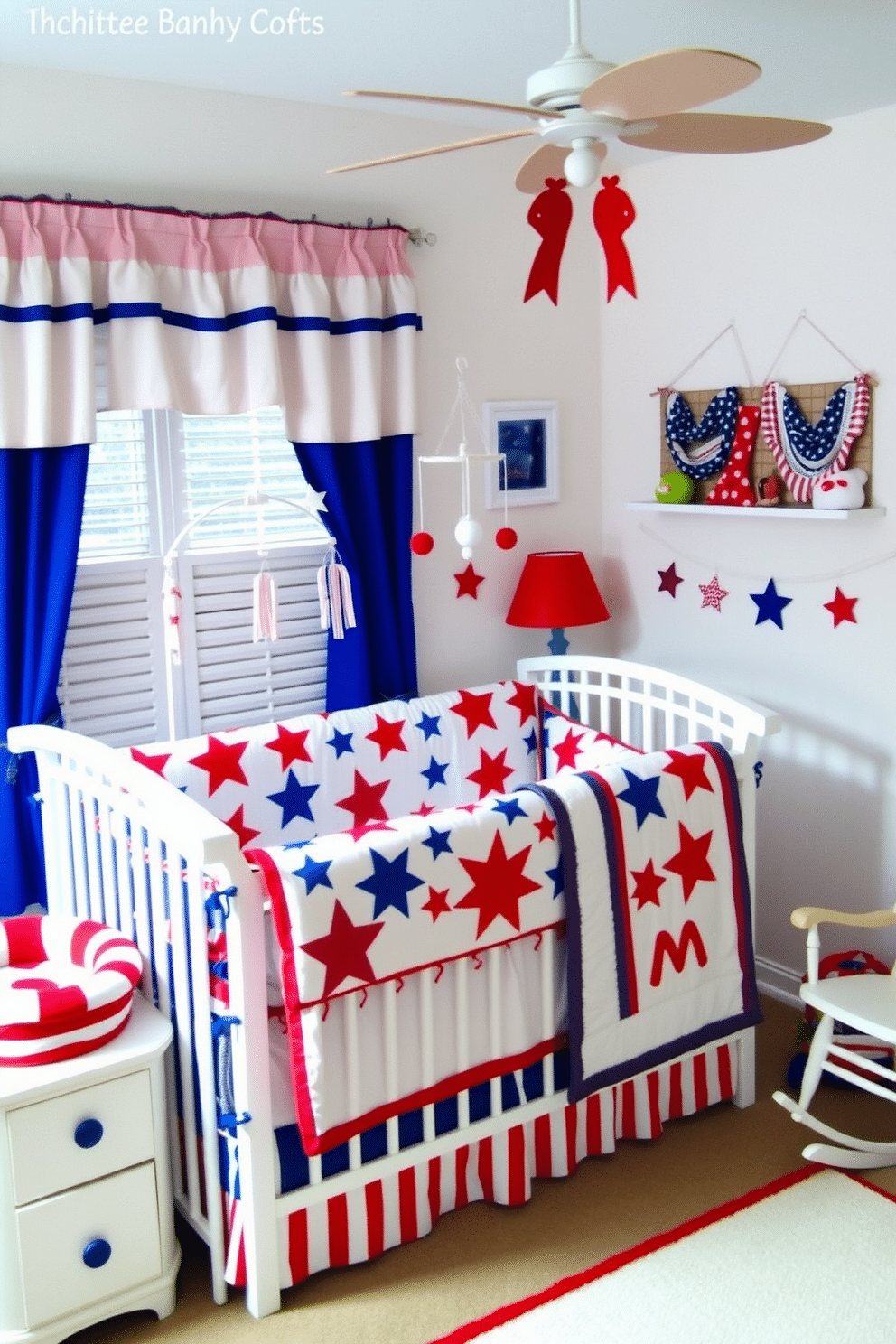 A charming nursery decorated in a red white and blue theme. The bedding set features stars and stripes in vibrant colors, creating a festive atmosphere perfect for Independence Day. The walls are painted a soft white, complemented by red and blue accents throughout the room. A cozy rocking chair in the corner adds a touch of comfort, while a playful mobile hangs above the crib.